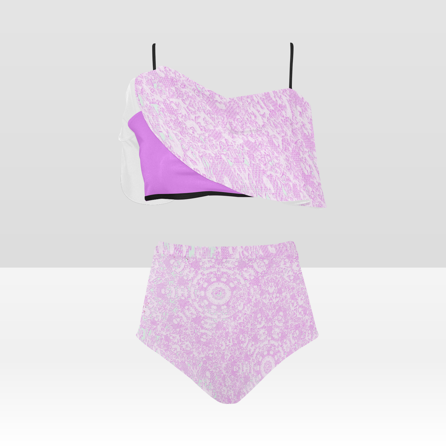 Flounce & Ruffle Bikini swimwear, Printed Victorian lace, Design 09 High Waisted Ruffle Bikini Set-A/B (Model SO3)