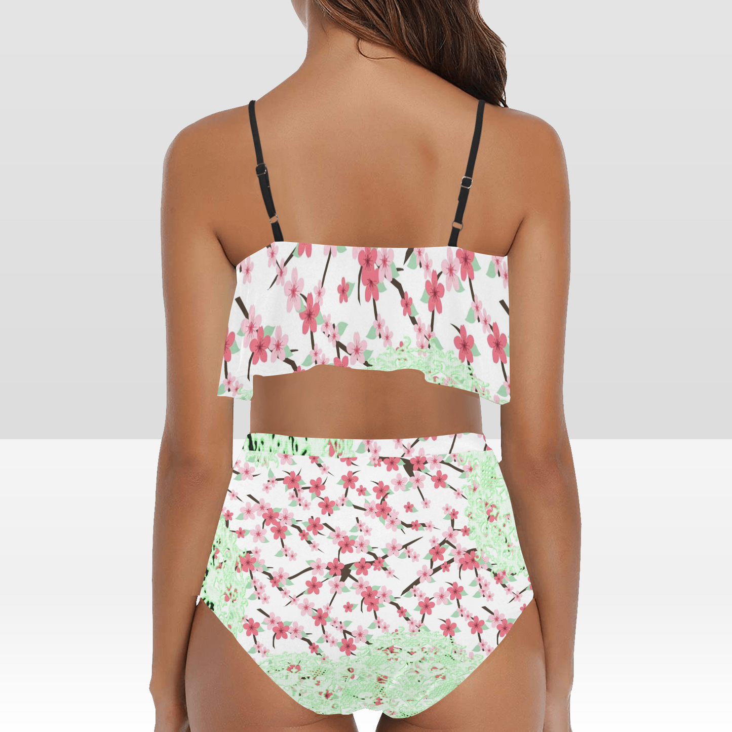 Flounce & Ruffle Bikini swimwear, Printed Victorian lace, Design 10 High Waisted Ruffle Bikini Set-A/B (Model SO3)