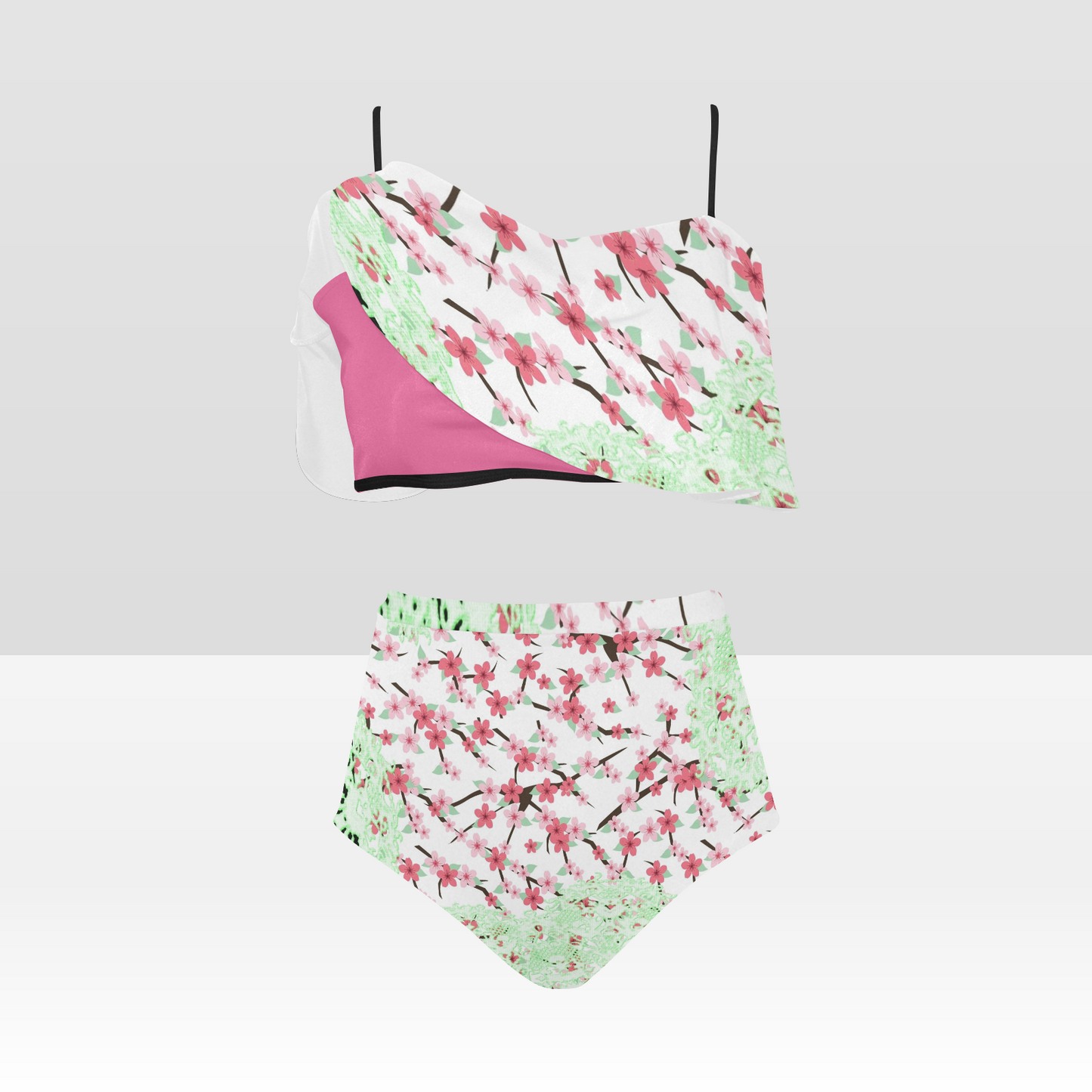 Flounce & Ruffle Bikini swimwear, Printed Victorian lace, Design 10 High Waisted Ruffle Bikini Set-A/B (Model SO3)