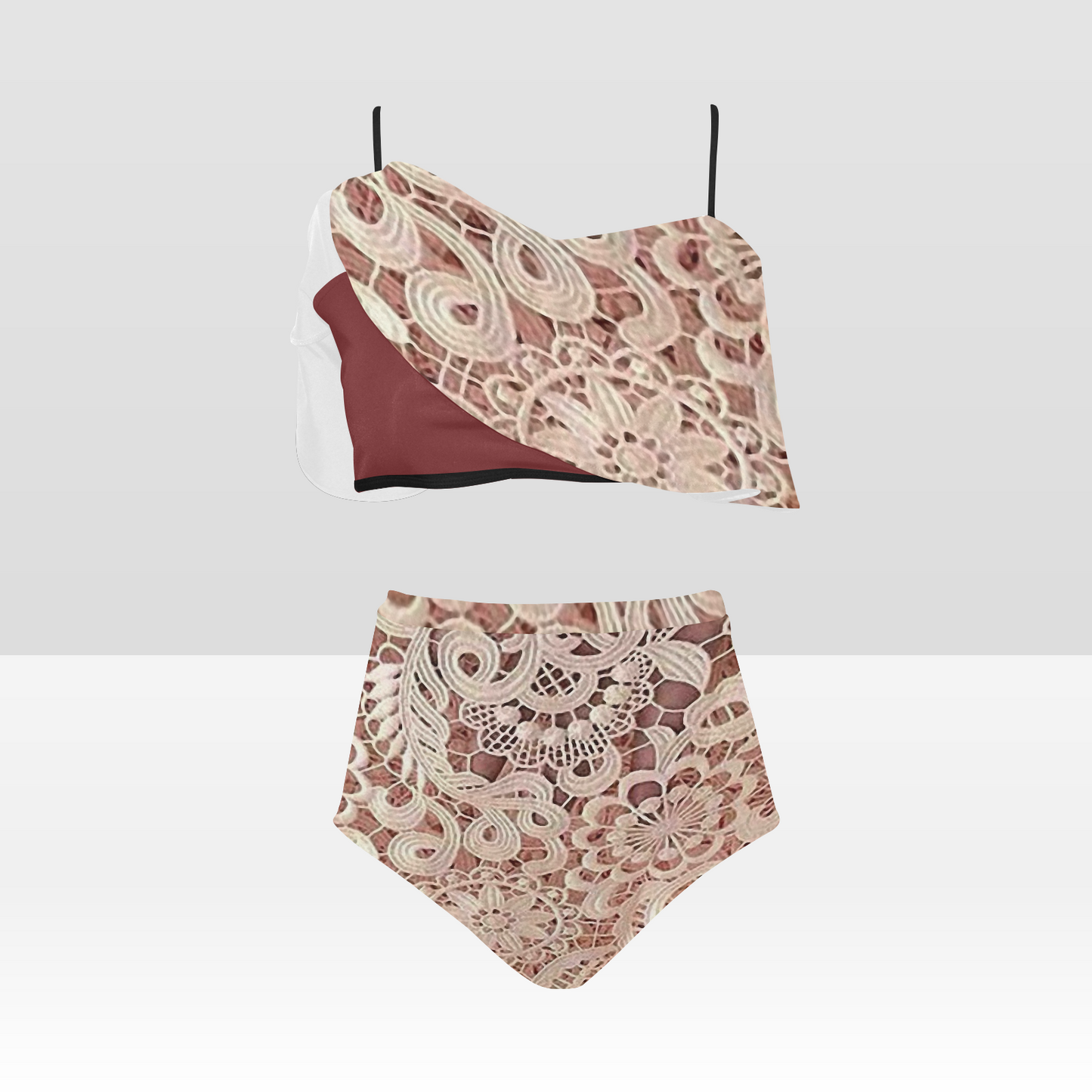 Flounce & Ruffle Bikini swimwear, Printed Victorian lace, Design 11 High Waisted Ruffle Bikini Set-A/B (Model SO3)
