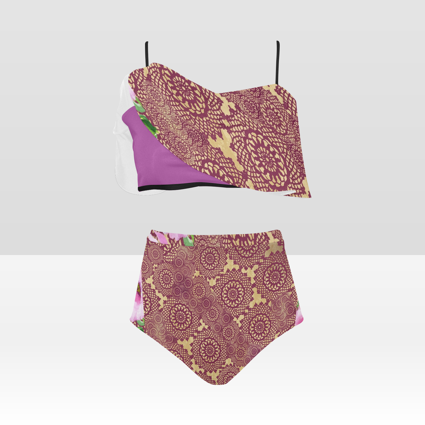 Flounce & Ruffle Bikini swimwear, Printed Victorian lace, Design 13 High Waisted Ruffle Bikini Set-A/B (Model SO3)