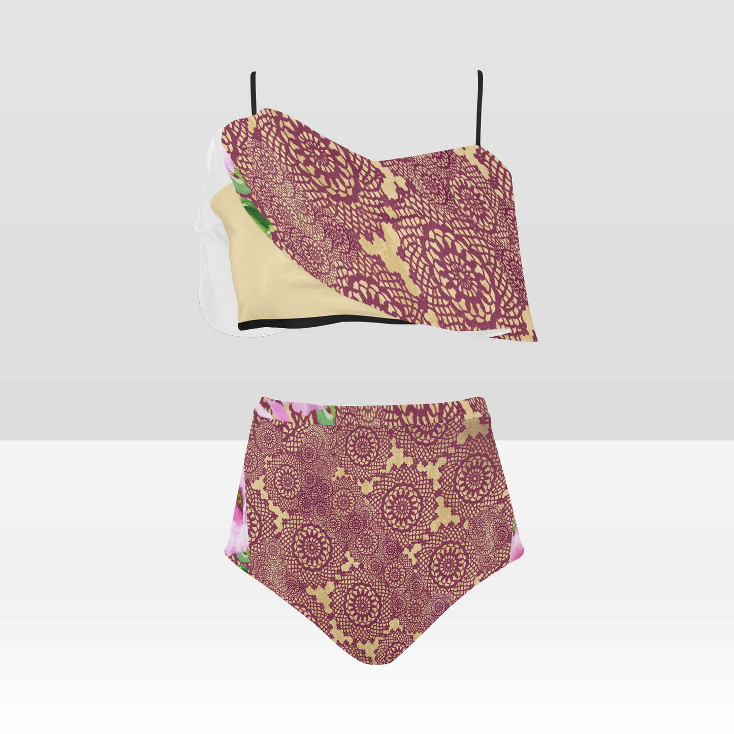 Flounce & Ruffle Bikini swimwear, Printed Victorian lace, Design 13 High Waisted Ruffle Bikini Set-A/B (Model SO3)