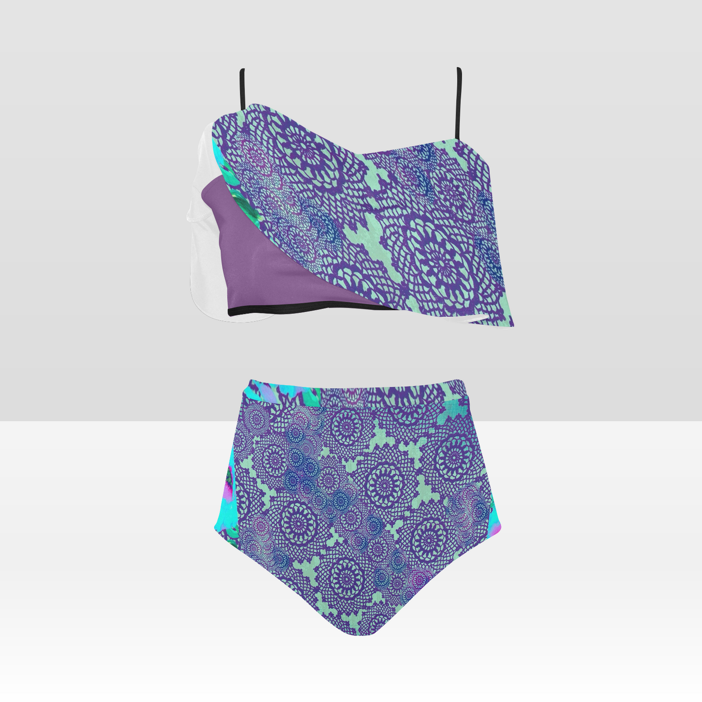 Flounce & Ruffle Bikini swimwear, Printed Victorian lace, Design 14 High Waisted Ruffle Bikini Set-A/B (Model SO3)