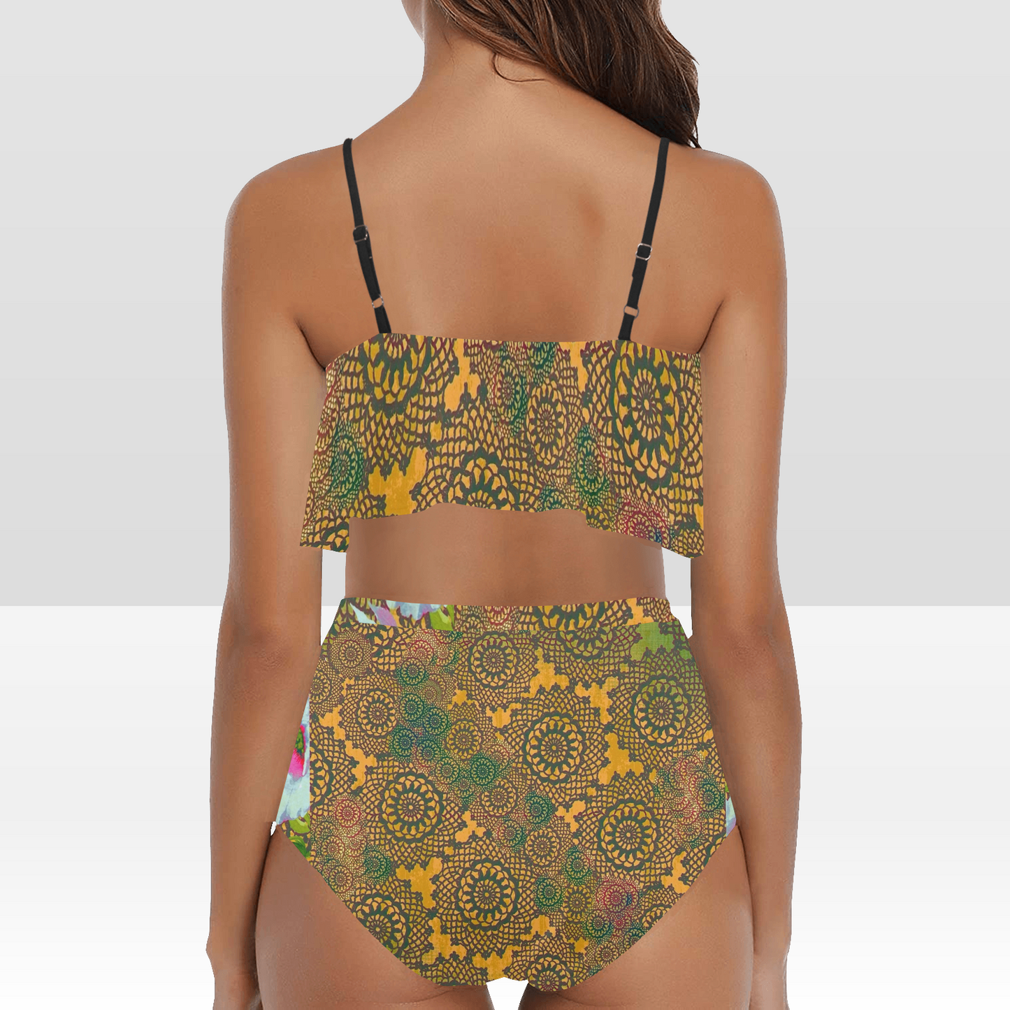 Flounce & Ruffle Bikini swimwear, Printed Victorian lace, Design 15 High Waisted Ruffle Bikini Set-A/B (Model SO3)