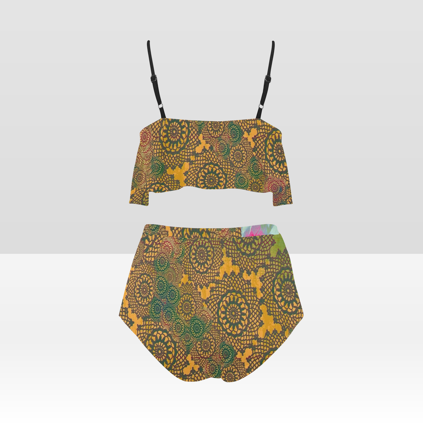 Flounce & Ruffle Bikini swimwear, Printed Victorian lace, Design 15 High Waisted Ruffle Bikini Set-A/B (Model SO3)
