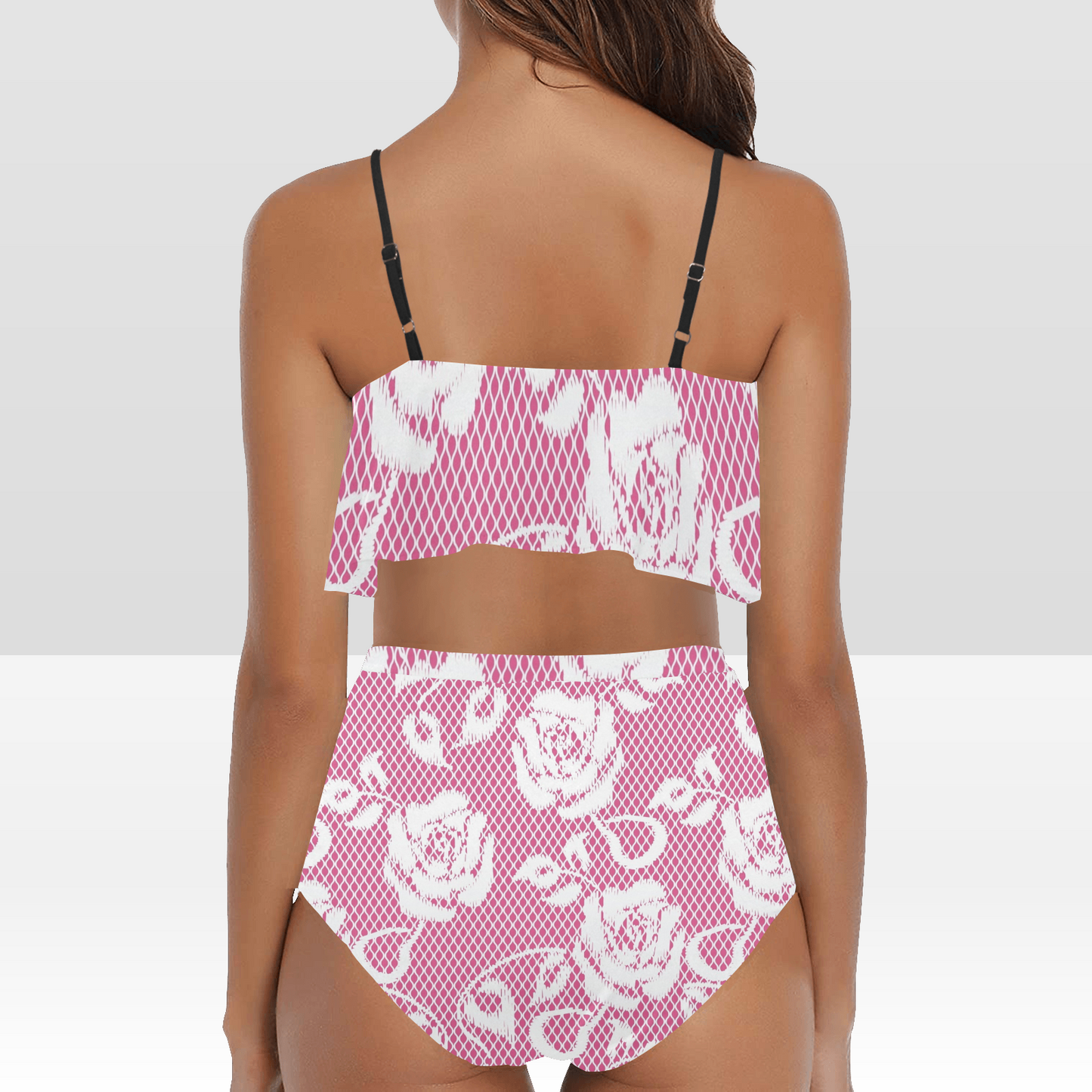 Flounce & Ruffle Bikini swimwear, Printed Victorian lace, Design 17 High Waisted Ruffle Bikini Set-A/B (Model SO3)