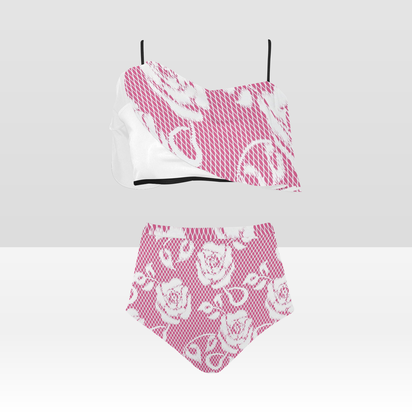 Flounce & Ruffle Bikini swimwear, Printed Victorian lace, Design 17 High Waisted Ruffle Bikini Set-A/B (Model SO3)