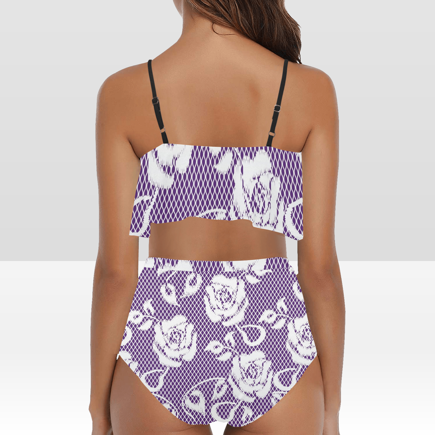 Flounce & Ruffle Bikini swimwear, Printed Victorian lace, Design 18 High Waisted Ruffle Bikini Set-A/B (Model SO3)