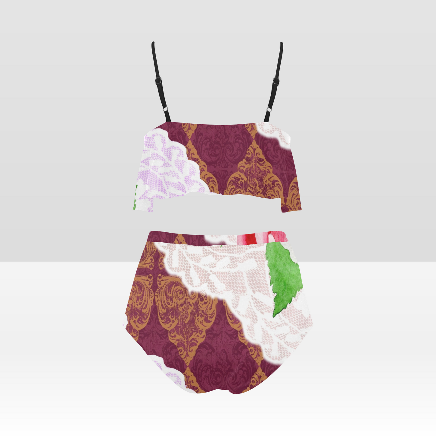 Flounce & Ruffle Bikini swimwear, Printed Victorian lace, Design 19 High Waisted Ruffle Bikini Set-A/B (Model SO3)