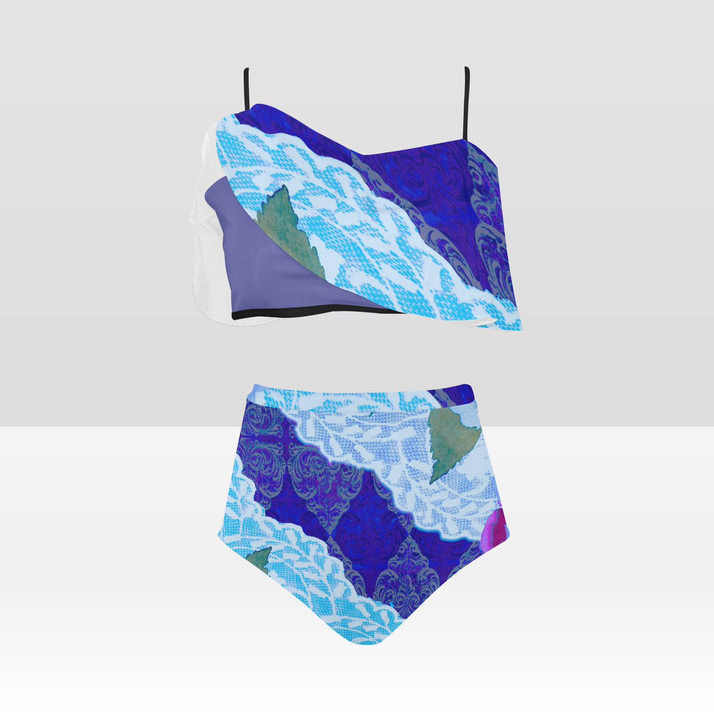 Flounce & Ruffle Bikini swimwear, Printed Victorian lace, Design 20 High Waisted Ruffle Bikini Set-A/B/C (Model SO3)