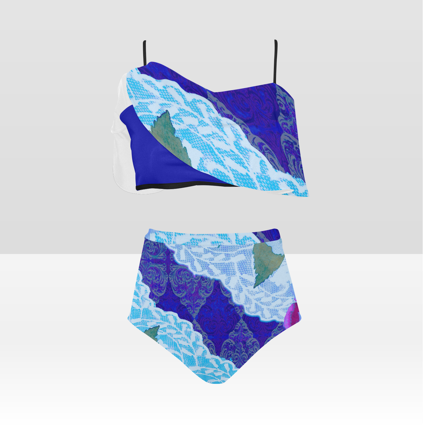 Flounce & Ruffle Bikini swimwear, Printed Victorian lace, Design 20 High Waisted Ruffle Bikini Set-A/B/C (Model SO3)