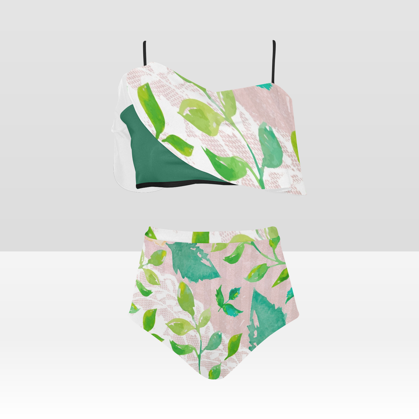 Flounce & Ruffle Bikini swimwear, Printed Victorian lace, Design 21 High Waisted Ruffle Bikini Set-A/B (Model SO3)