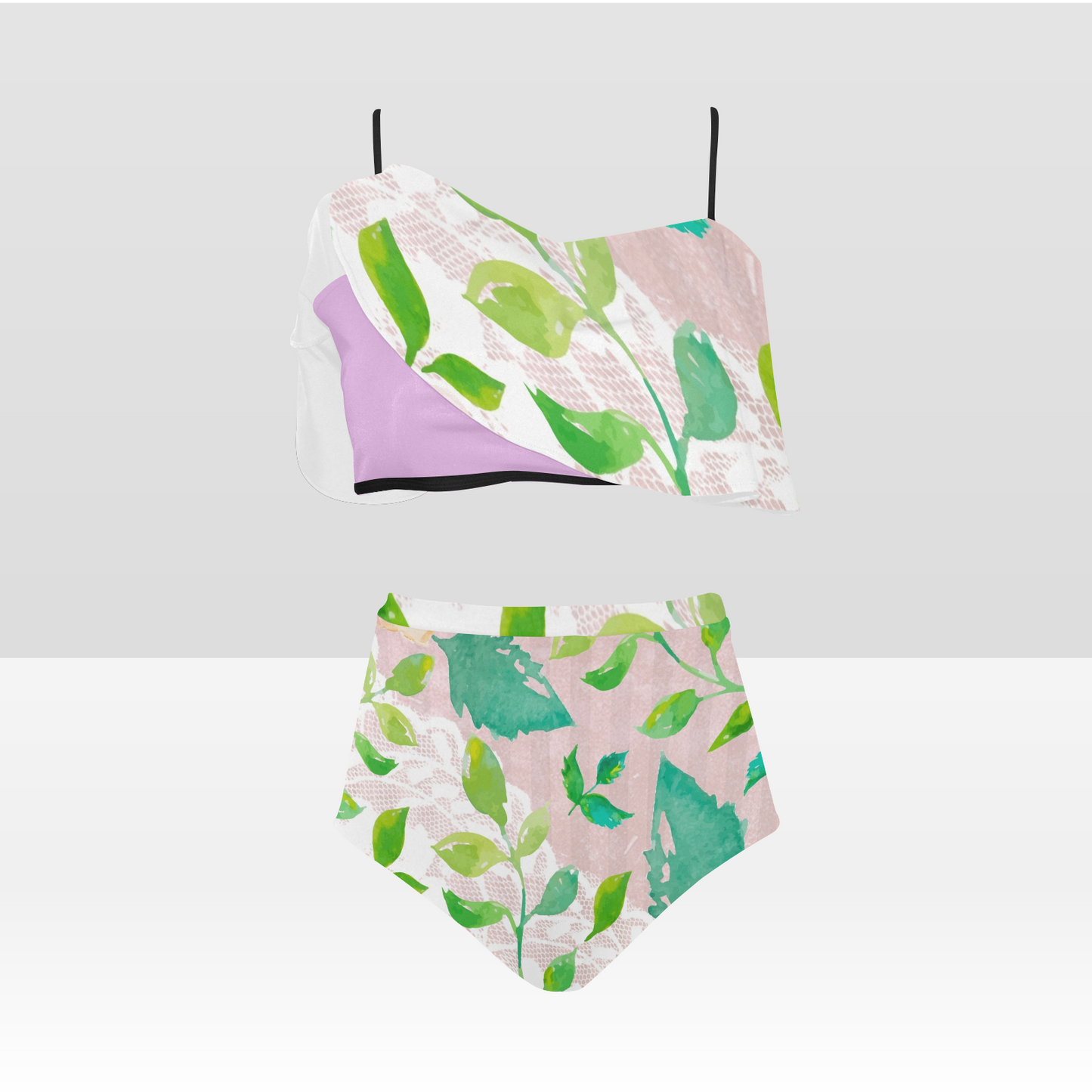 Flounce & Ruffle Bikini swimwear, Printed Victorian lace, Design 21 High Waisted Ruffle Bikini Set-A/B (Model SO3)