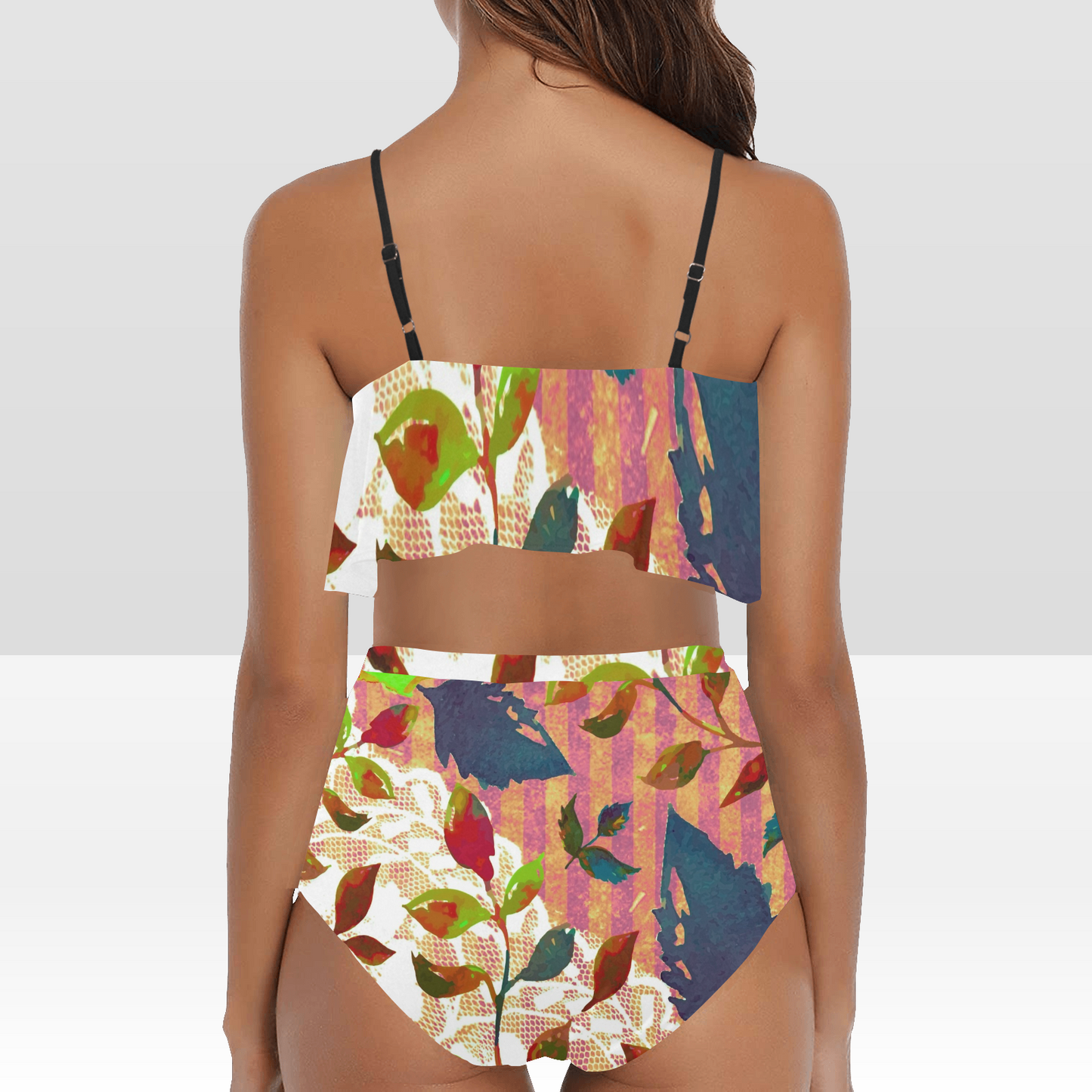 Flounce & Ruffle Bikini swimwear, Printed Victorian lace, Design 22 High Waisted Ruffle Bikini Set-A/B/C (Model SO3)