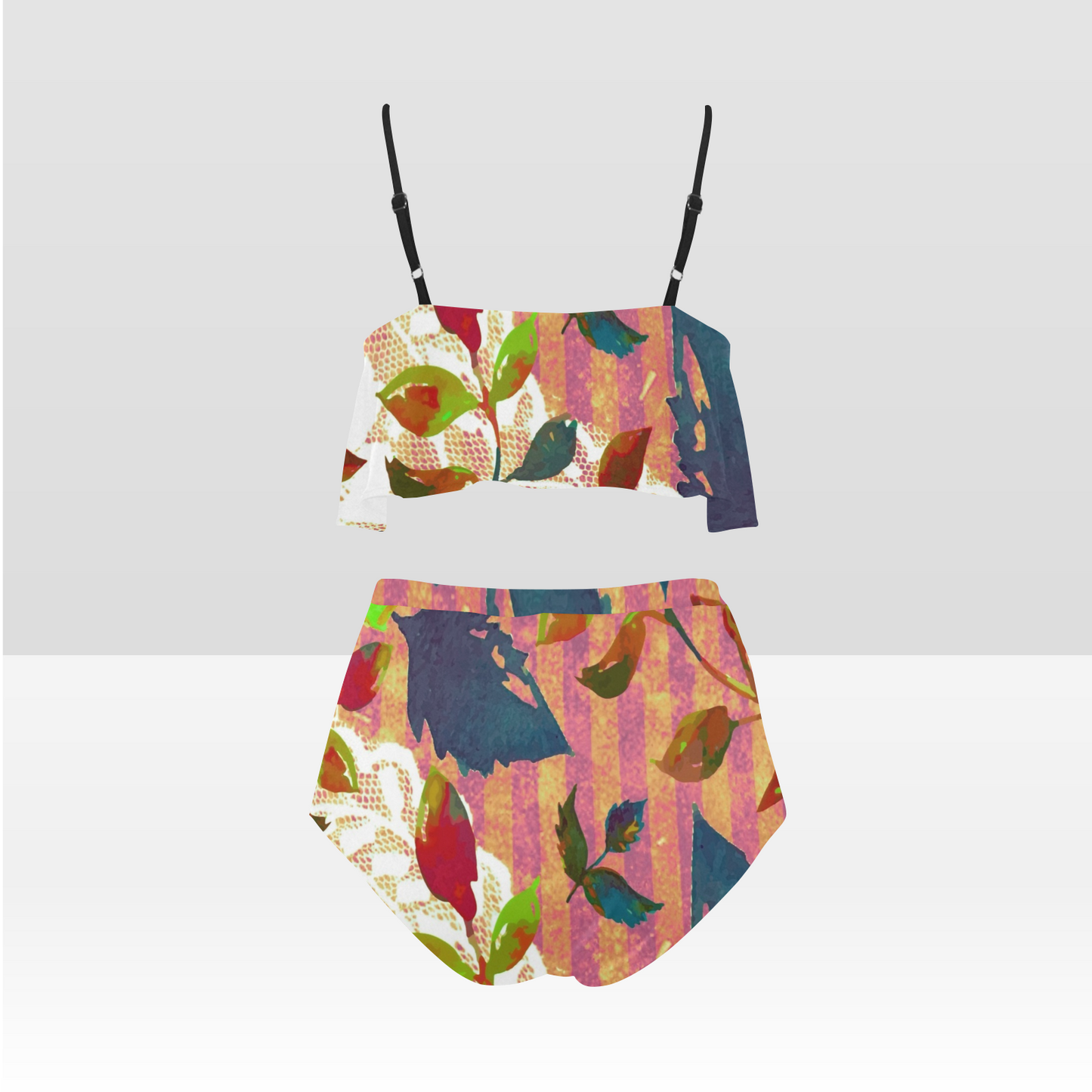 Flounce & Ruffle Bikini swimwear, Printed Victorian lace, Design 22 High Waisted Ruffle Bikini Set-A/B/C (Model SO3)