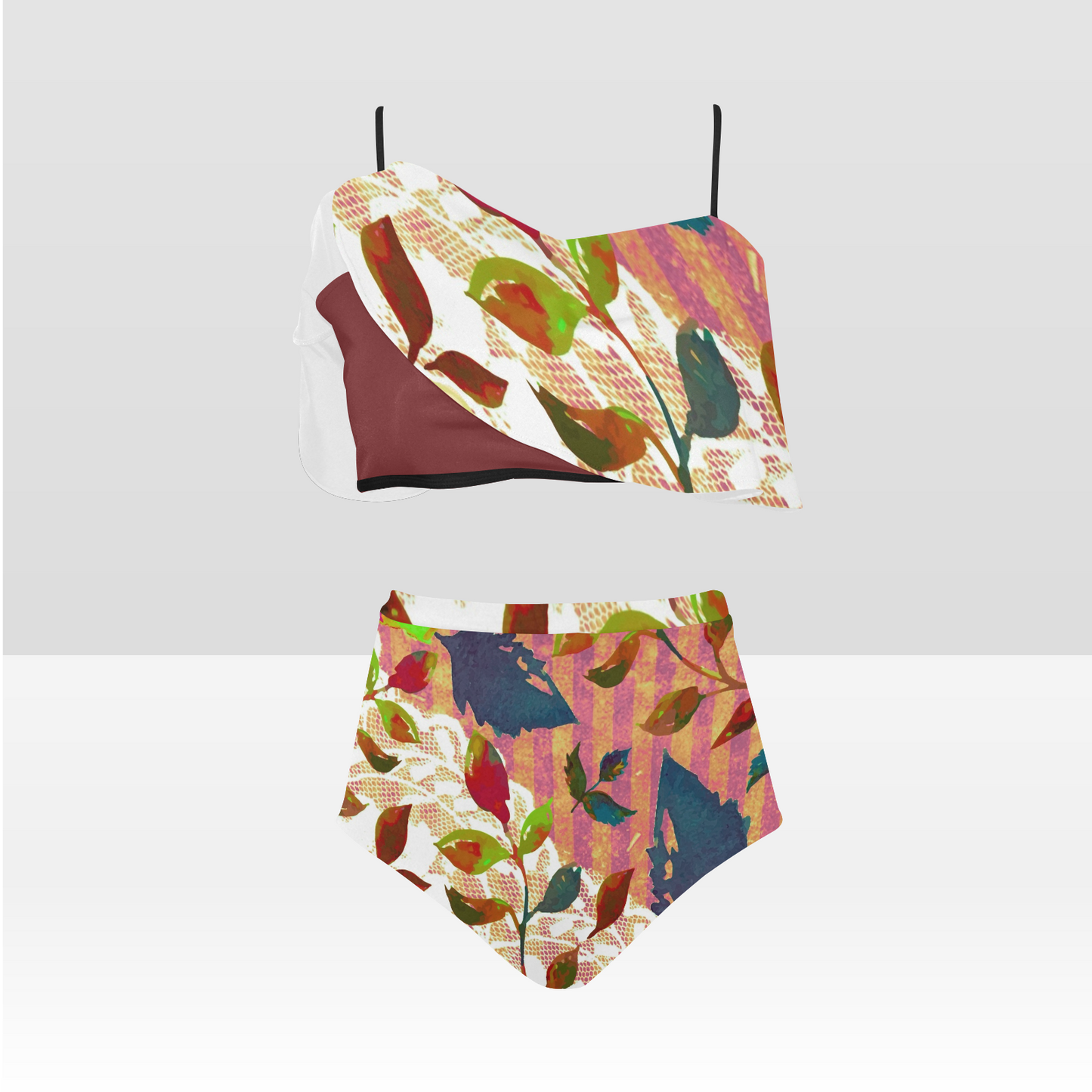 Flounce & Ruffle Bikini swimwear, Printed Victorian lace, Design 22 High Waisted Ruffle Bikini Set-A/B/C (Model SO3)