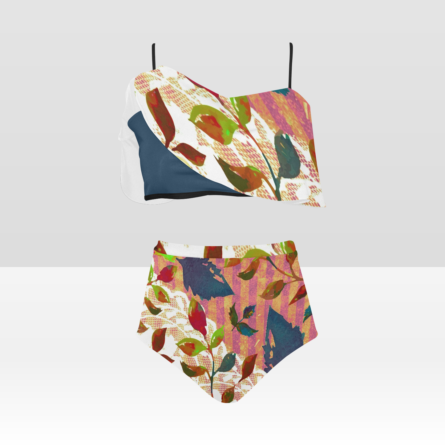 Flounce & Ruffle Bikini swimwear, Printed Victorian lace, Design 22 High Waisted Ruffle Bikini Set-A/B/C (Model SO3)