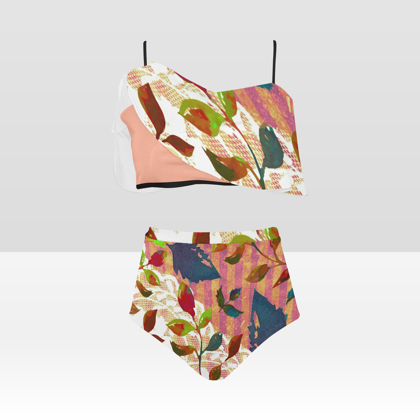 Flounce & Ruffle Bikini swimwear, Printed Victorian lace, Design 22 High Waisted Ruffle Bikini Set-A/B/C (Model SO3)