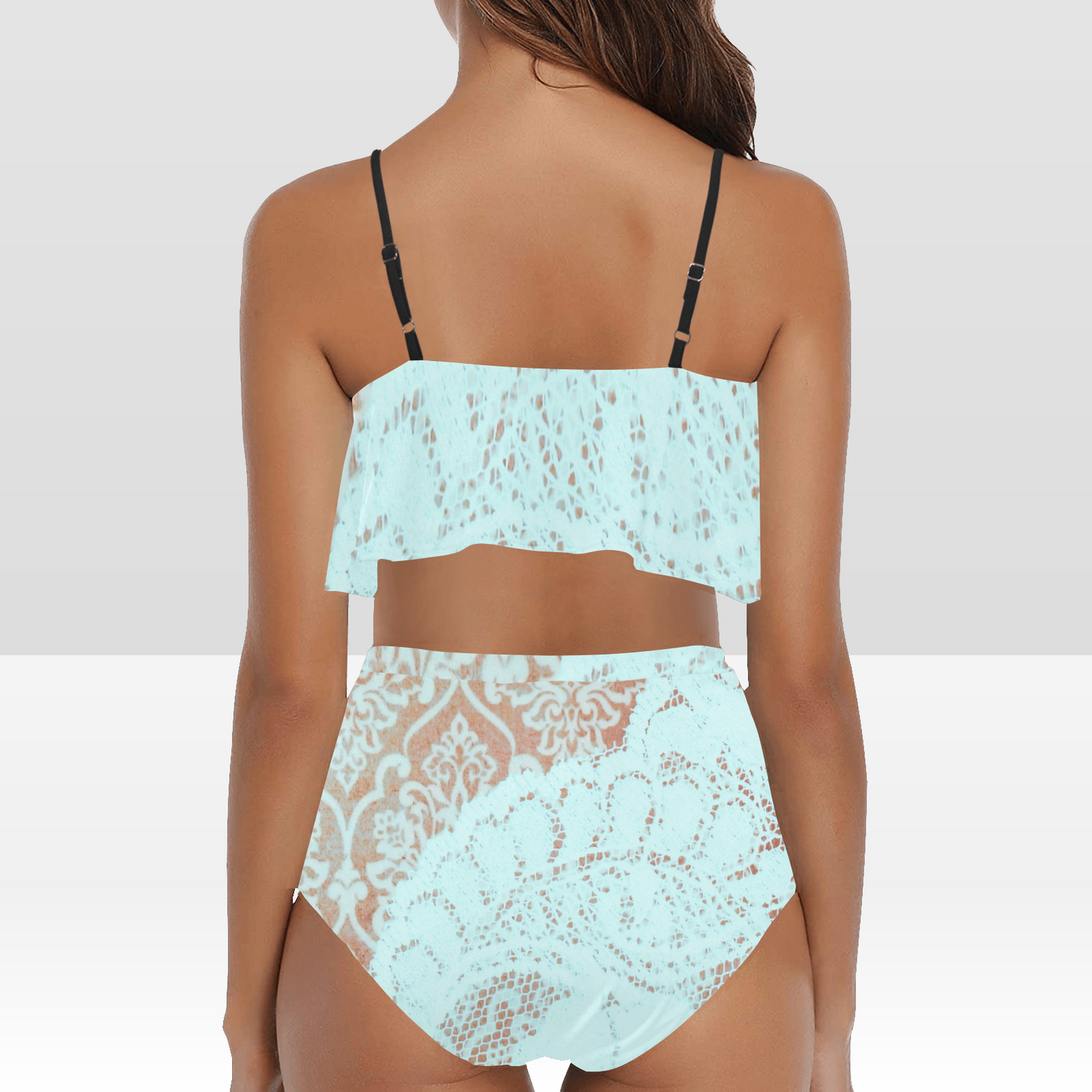 Flounce & Ruffle Bikini swimwear, Printed Victorian lace, Design 23 High Waisted Ruffle Bikini Set-A/B (Model SO3)