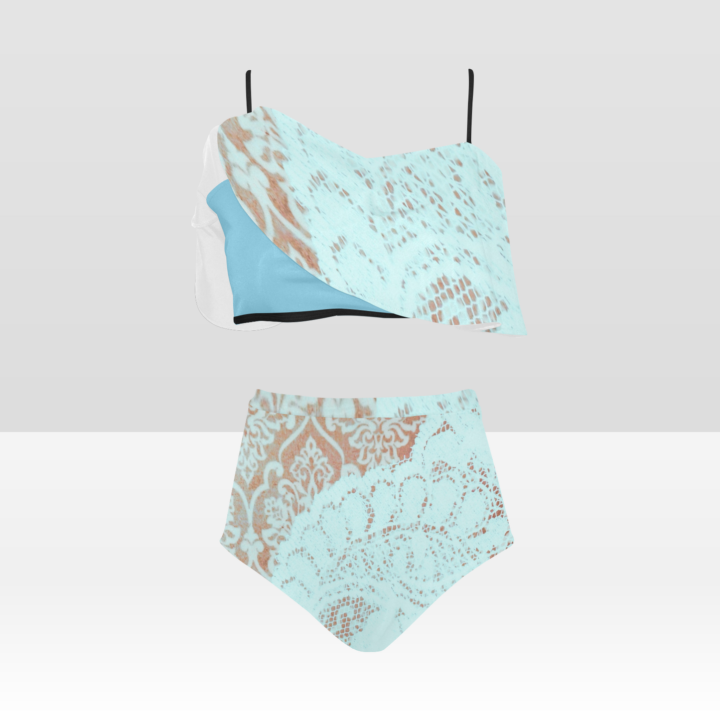 Flounce & Ruffle Bikini swimwear, Printed Victorian lace, Design 23 High Waisted Ruffle Bikini Set-A/B (Model SO3)