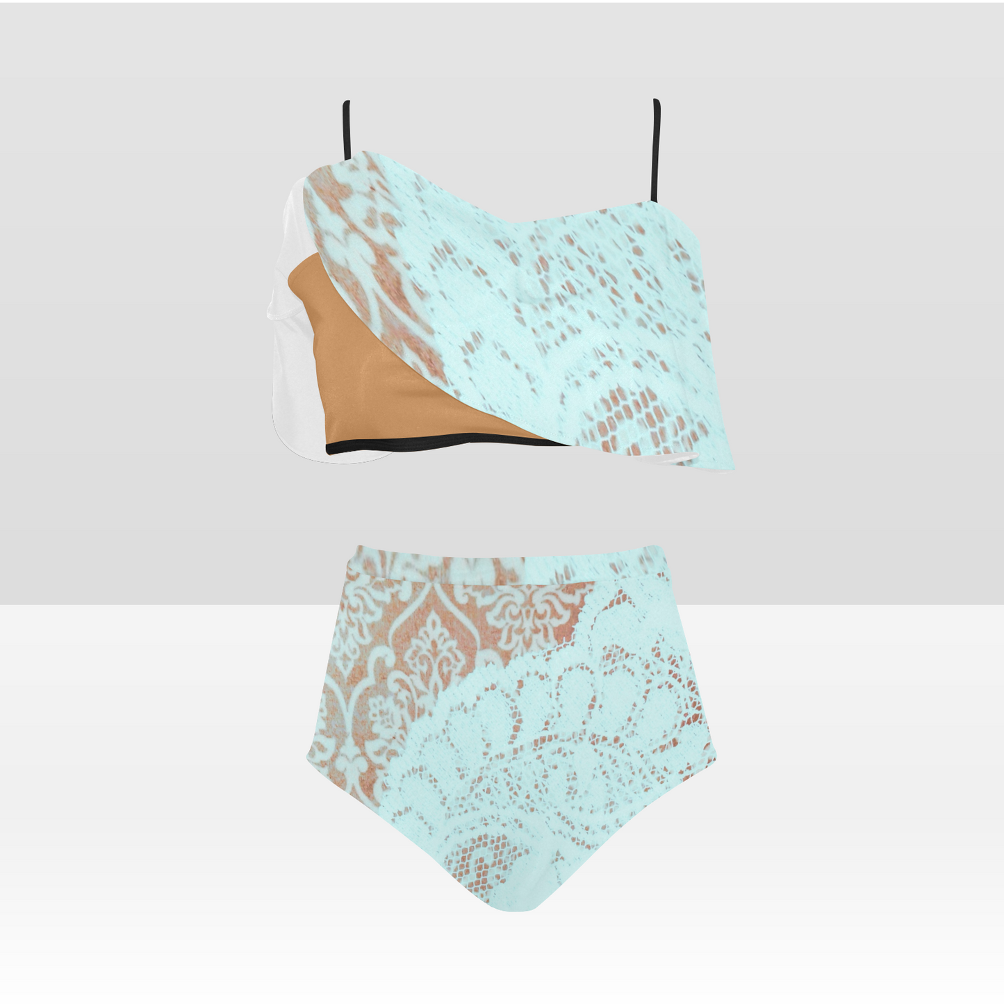 Flounce & Ruffle Bikini swimwear, Printed Victorian lace, Design 23 High Waisted Ruffle Bikini Set-A/B (Model SO3)