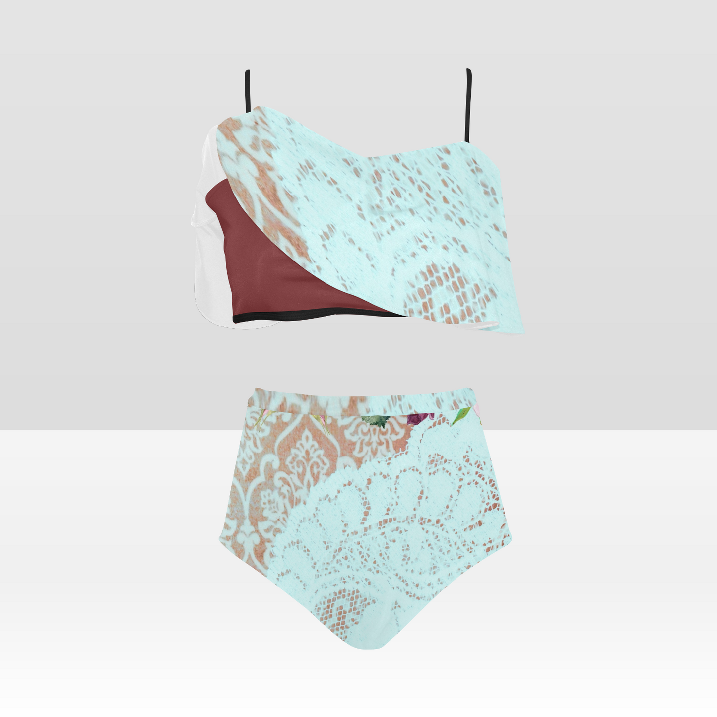 Flounce & Ruffle Bikini swimwear, Printed Victorian lace, Design 24 High Waisted Ruffle Bikini Set-A/B (Model SO3)