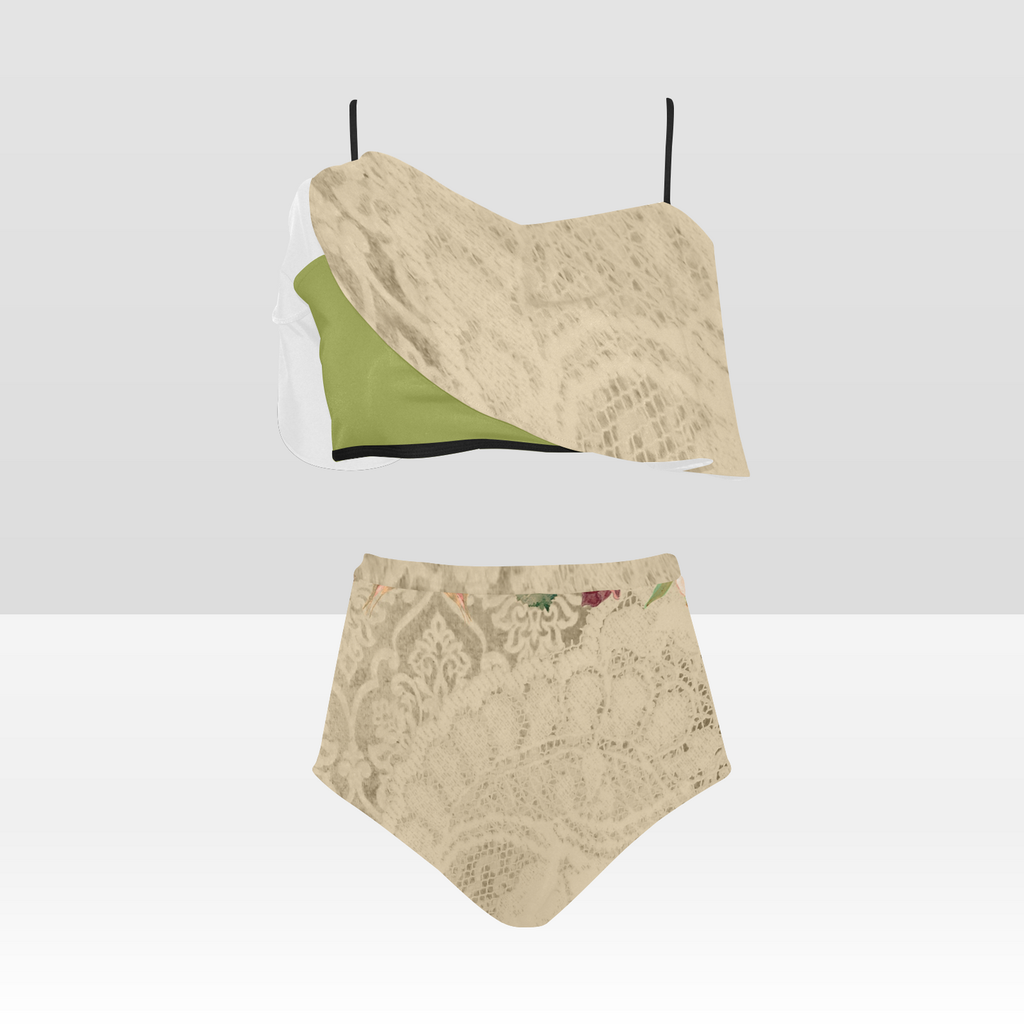 Flounce & Ruffle Bikini swimwear, Printed Victorian lace, Design 25 High Waisted Ruffle Bikini Set-A/B (Model SO3)