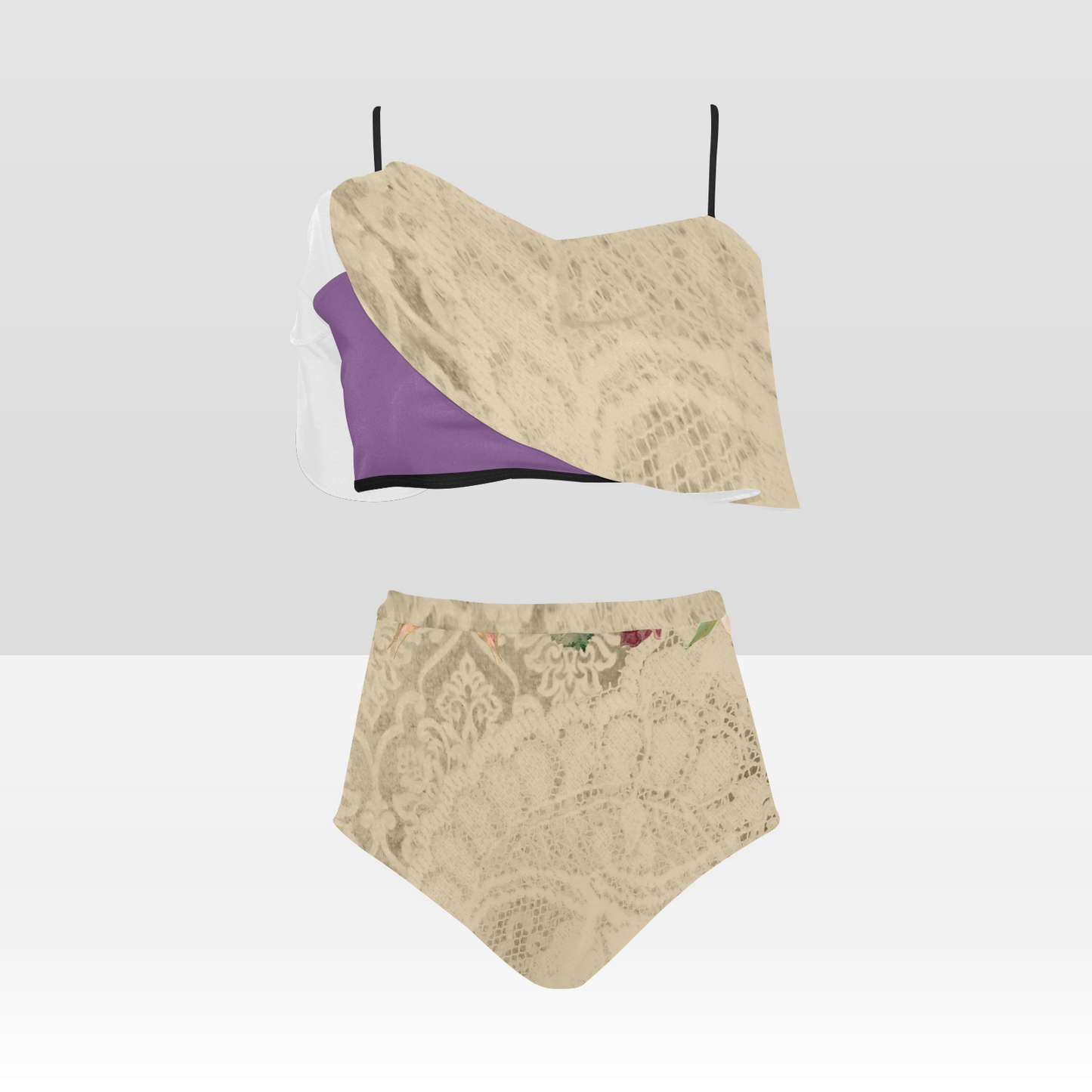 Flounce & Ruffle Bikini swimwear, Printed Victorian lace, Design 25 High Waisted Ruffle Bikini Set-A/B (Model SO3)