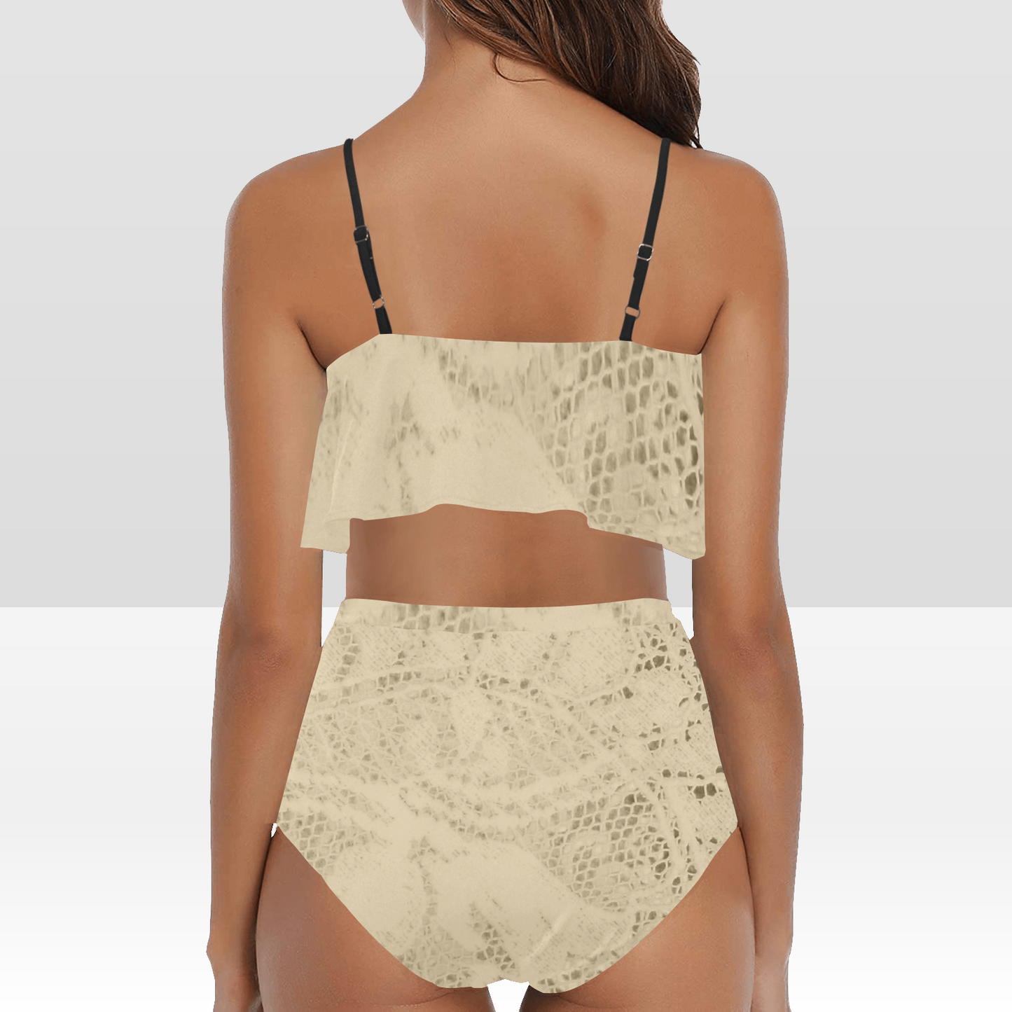 Flounce & Ruffle Bikini swimwear, Printed Victorian lace, Design 26 High Waisted Ruffle Bikini Set-A/B (Model SO3)