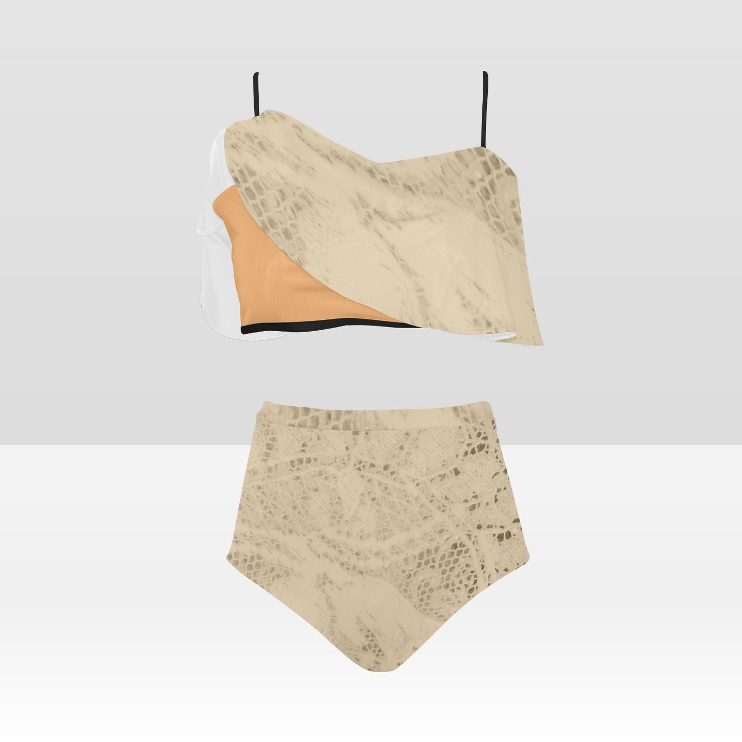 Flounce & Ruffle Bikini swimwear, Printed Victorian lace, Design 26 High Waisted Ruffle Bikini Set-A/B (Model SO3)