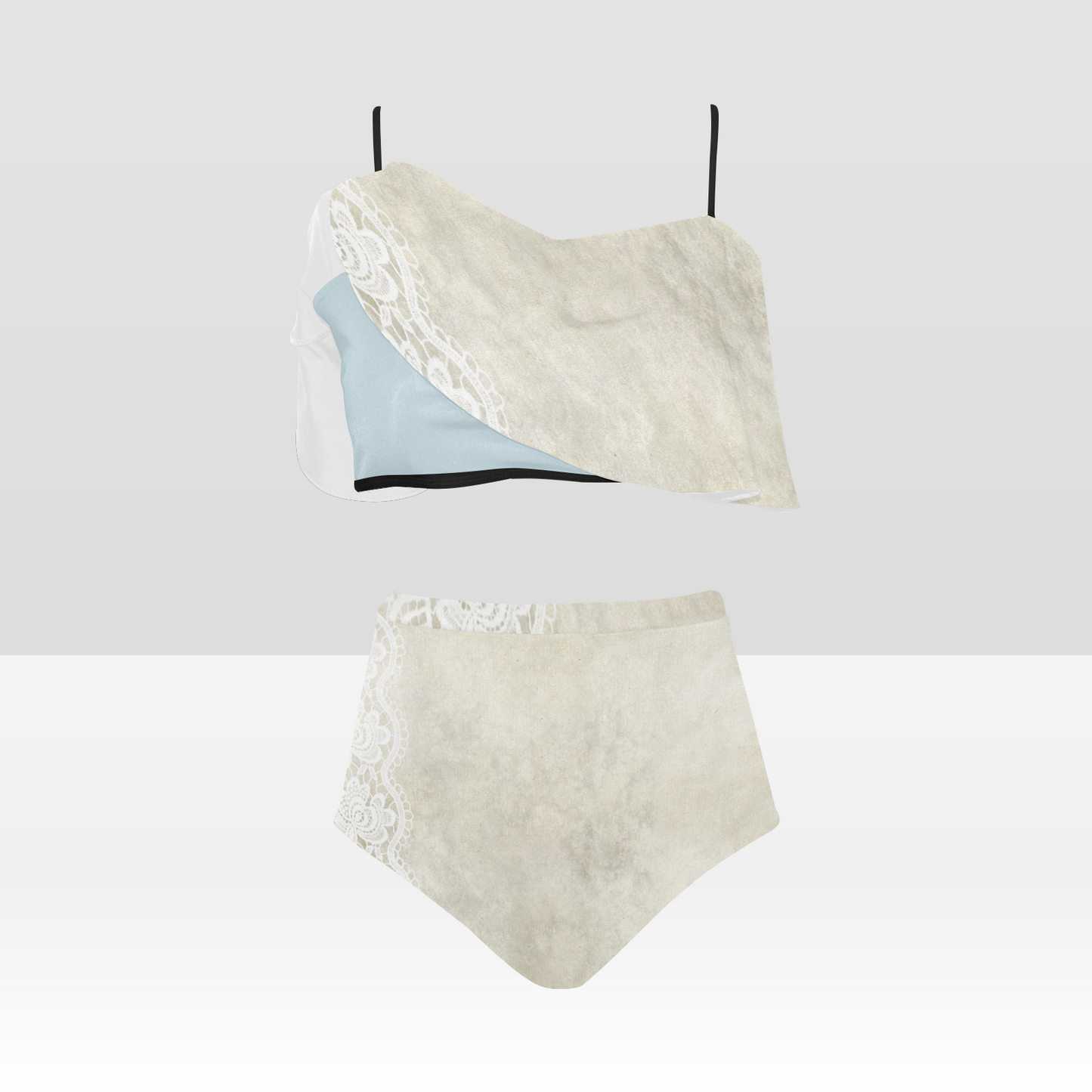 Flounce & Ruffle Bikini swimwear, Printed Victorian lace, Design 27 High Waisted Ruffle Bikini Set-A/B (Model SO3)