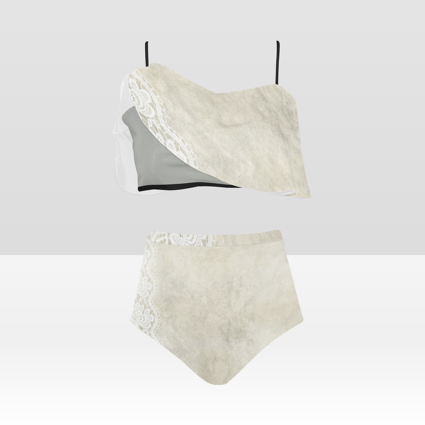 Flounce & Ruffle Bikini swimwear, Printed Victorian lace, Design 27 High Waisted Ruffle Bikini Set-A/B (Model SO3)