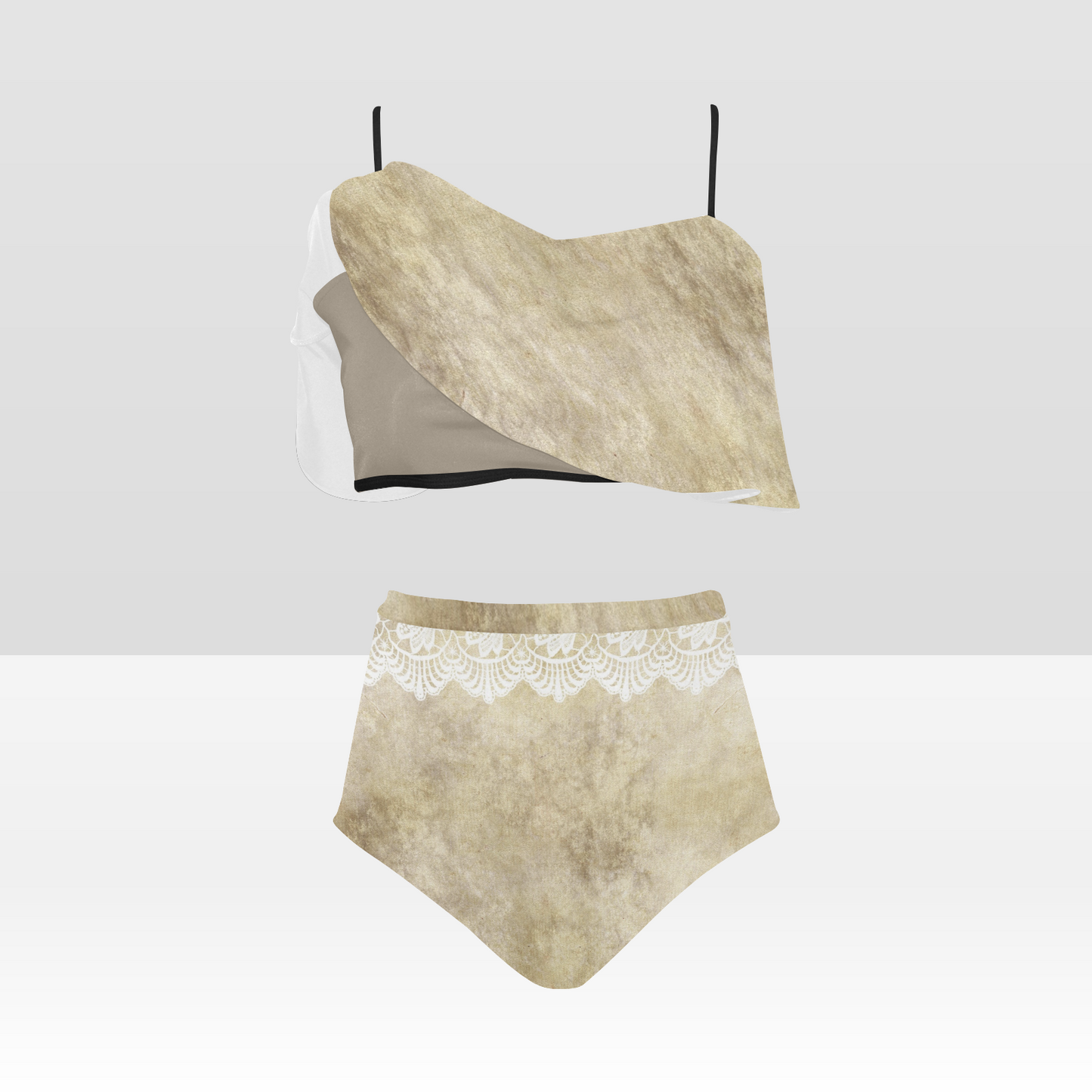 Flounce & Ruffle Bikini swimwear, Printed Victorian lace, Design 28 High Waisted Ruffle Bikini Set-A/B (Model SO3)