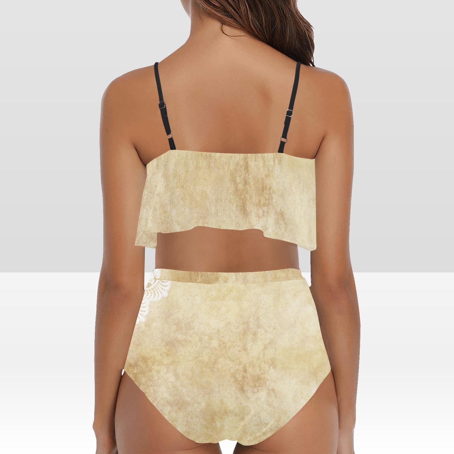 Flounce & Ruffle Bikini swimwear, Printed Victorian lace, Design 29 High Waisted Ruffle Bikini Set-A/B (Model SO3)