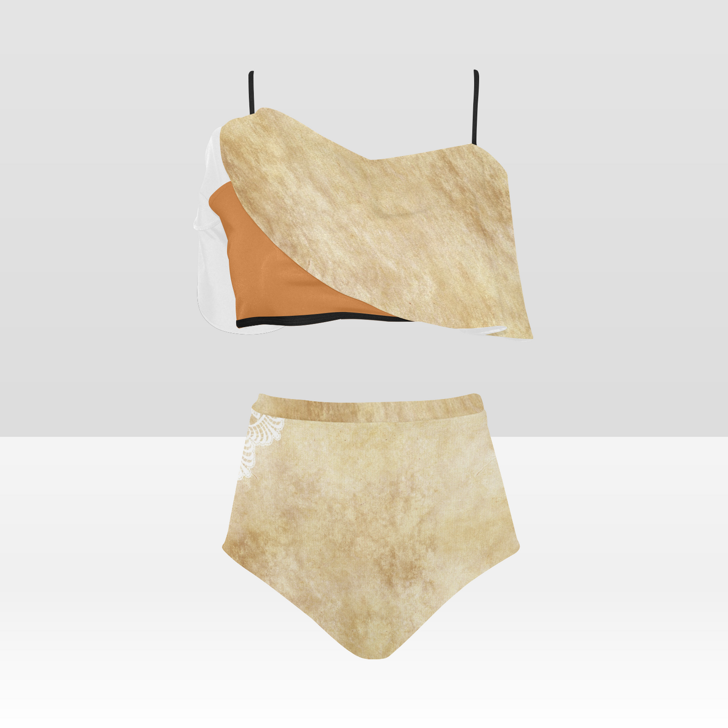 Flounce & Ruffle Bikini swimwear, Printed Victorian lace, Design 29 High Waisted Ruffle Bikini Set-A/B (Model SO3)