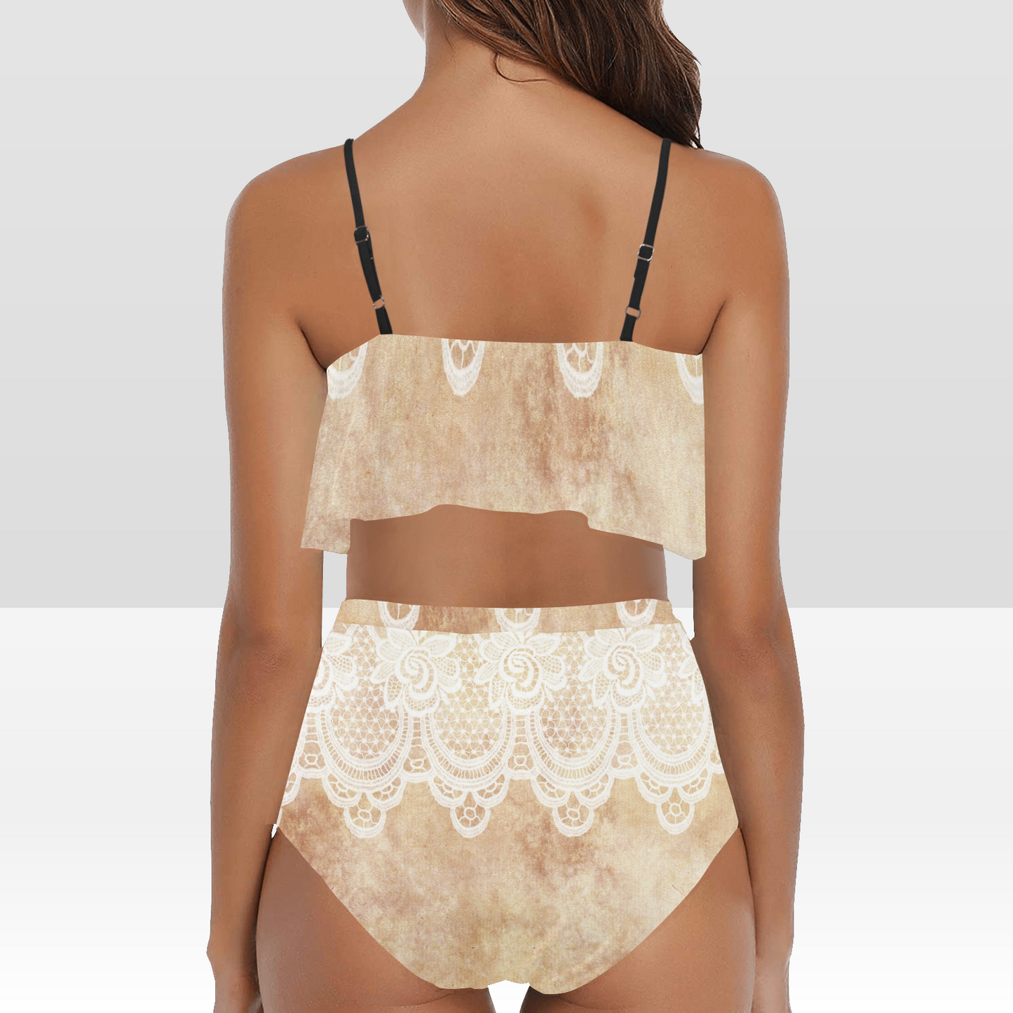 Flounce & Ruffle Bikini swimwear, Printed Victorian lace, Design 30 High Waisted Ruffle Bikini Set-A/B (Model SO3)