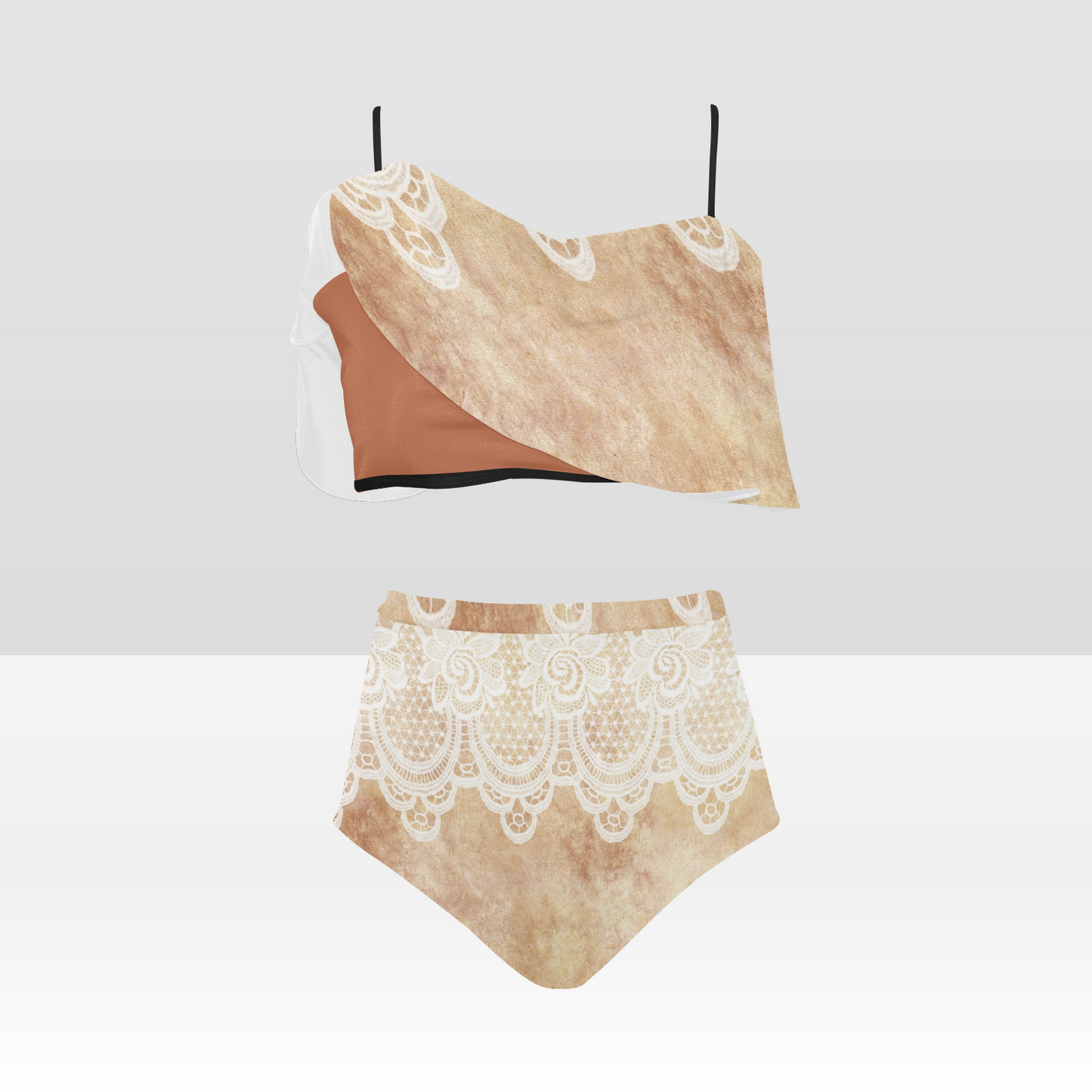 Flounce & Ruffle Bikini swimwear, Printed Victorian lace, Design 30 High Waisted Ruffle Bikini Set-A/B (Model SO3)