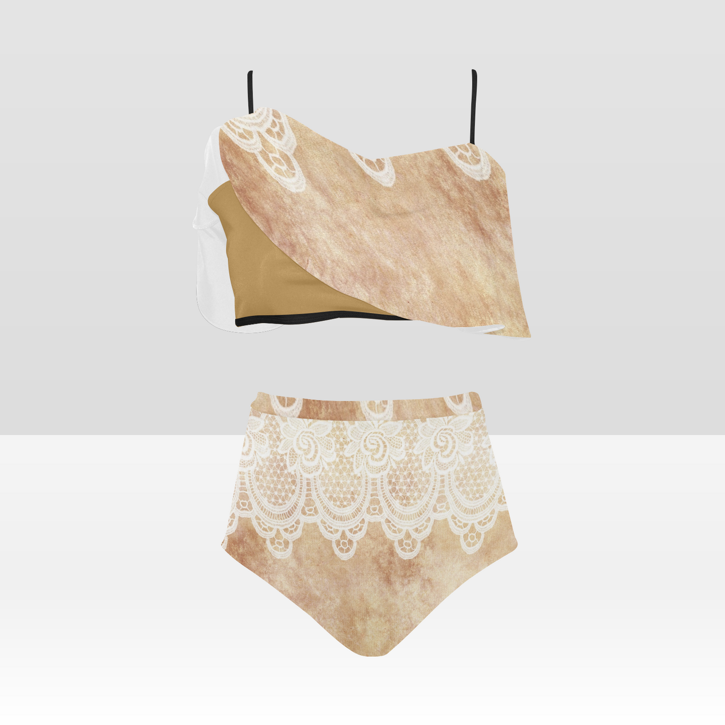 Flounce & Ruffle Bikini swimwear, Printed Victorian lace, Design 30 High Waisted Ruffle Bikini Set-A/B (Model SO3)