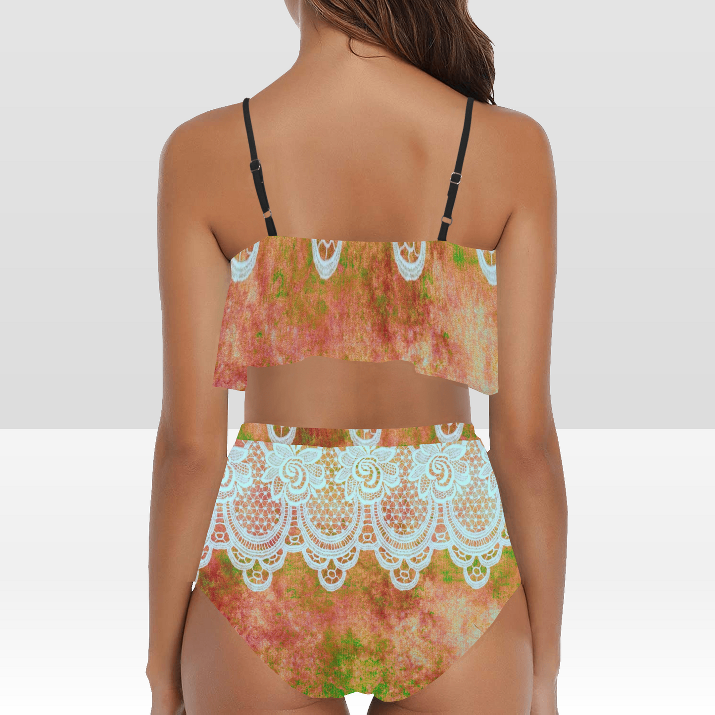 Flounce & Ruffle Bikini swimwear, Printed Victorian lace, Design 31 High Waisted Ruffle Bikini Set-A/B (Model SO3)