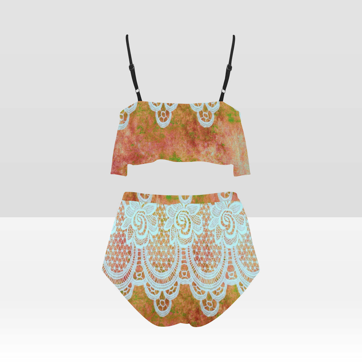 Flounce & Ruffle Bikini swimwear, Printed Victorian lace, Design 31 High Waisted Ruffle Bikini Set-A/B (Model SO3)