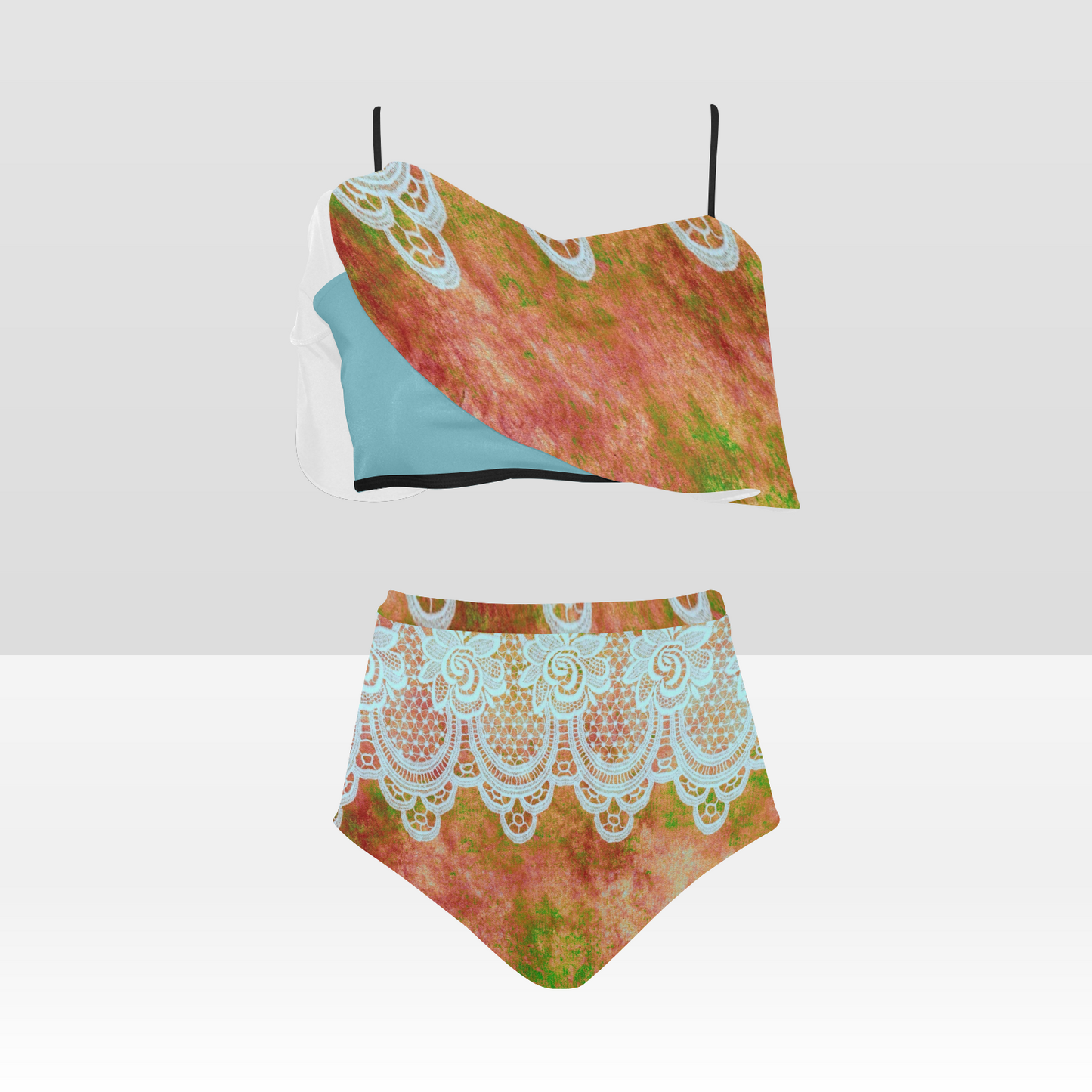Flounce & Ruffle Bikini swimwear, Printed Victorian lace, Design 31 High Waisted Ruffle Bikini Set-A/B (Model SO3)