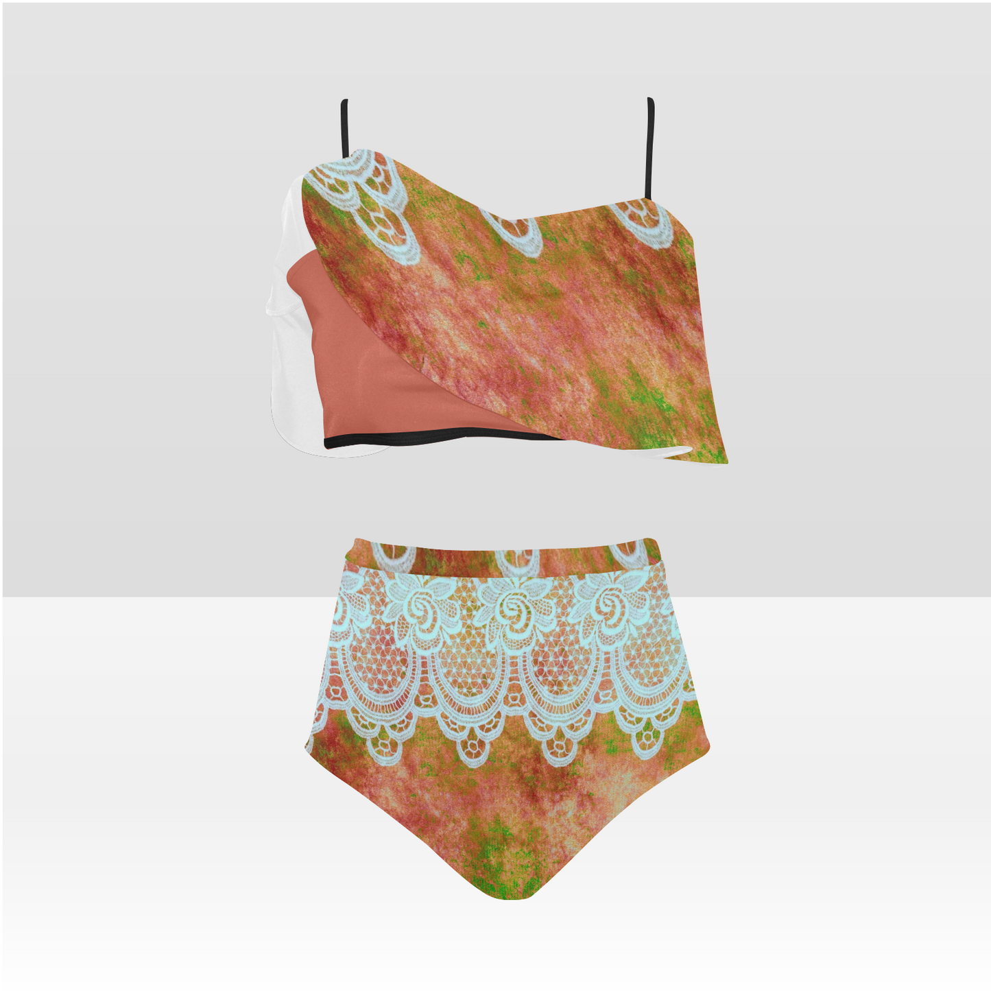 Flounce & Ruffle Bikini swimwear, Printed Victorian lace, Design 31 High Waisted Ruffle Bikini Set-A/B (Model SO3)