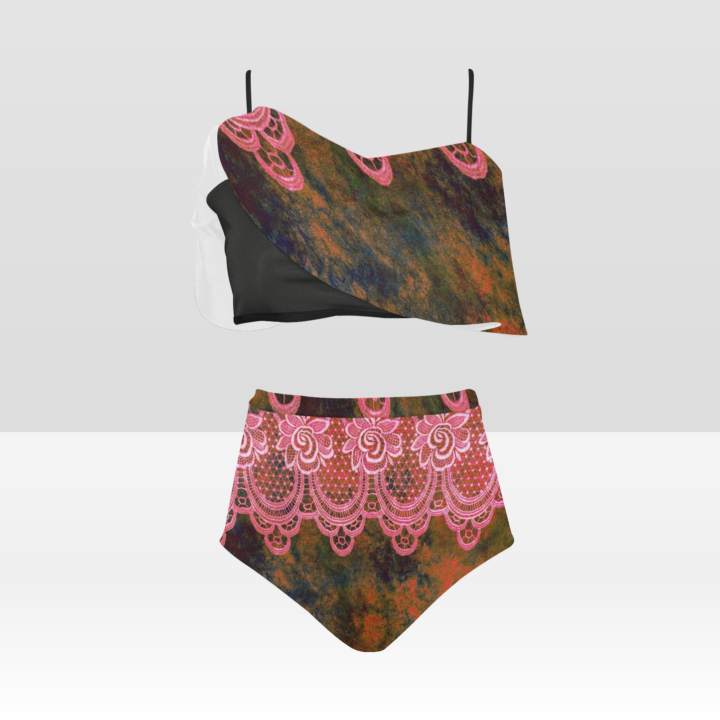 Flounce & Ruffle Bikini swimwear, Printed Victorian lace, Design 32, High Waisted Ruffle Bikini Set-A/B/C (Model SO3)