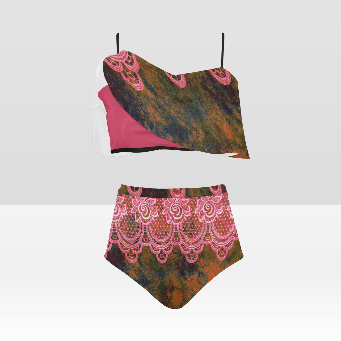 Flounce & Ruffle Bikini swimwear, Printed Victorian lace, Design 32, High Waisted Ruffle Bikini Set-A/B/C (Model SO3)