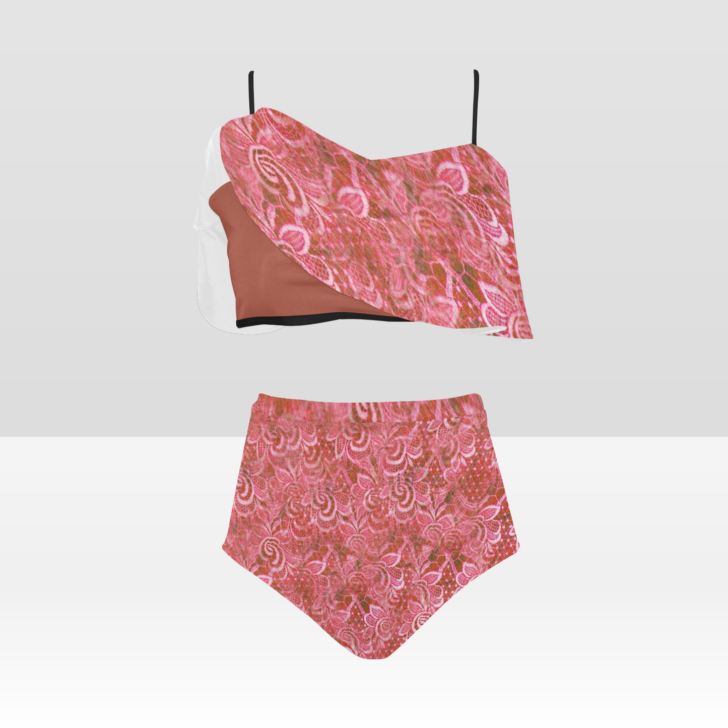Flounce & Ruffle Bikini swimwear, Printed Victorian lace, Design 33 High Waisted Ruffle Bikini Set-A/B (Model SO3)