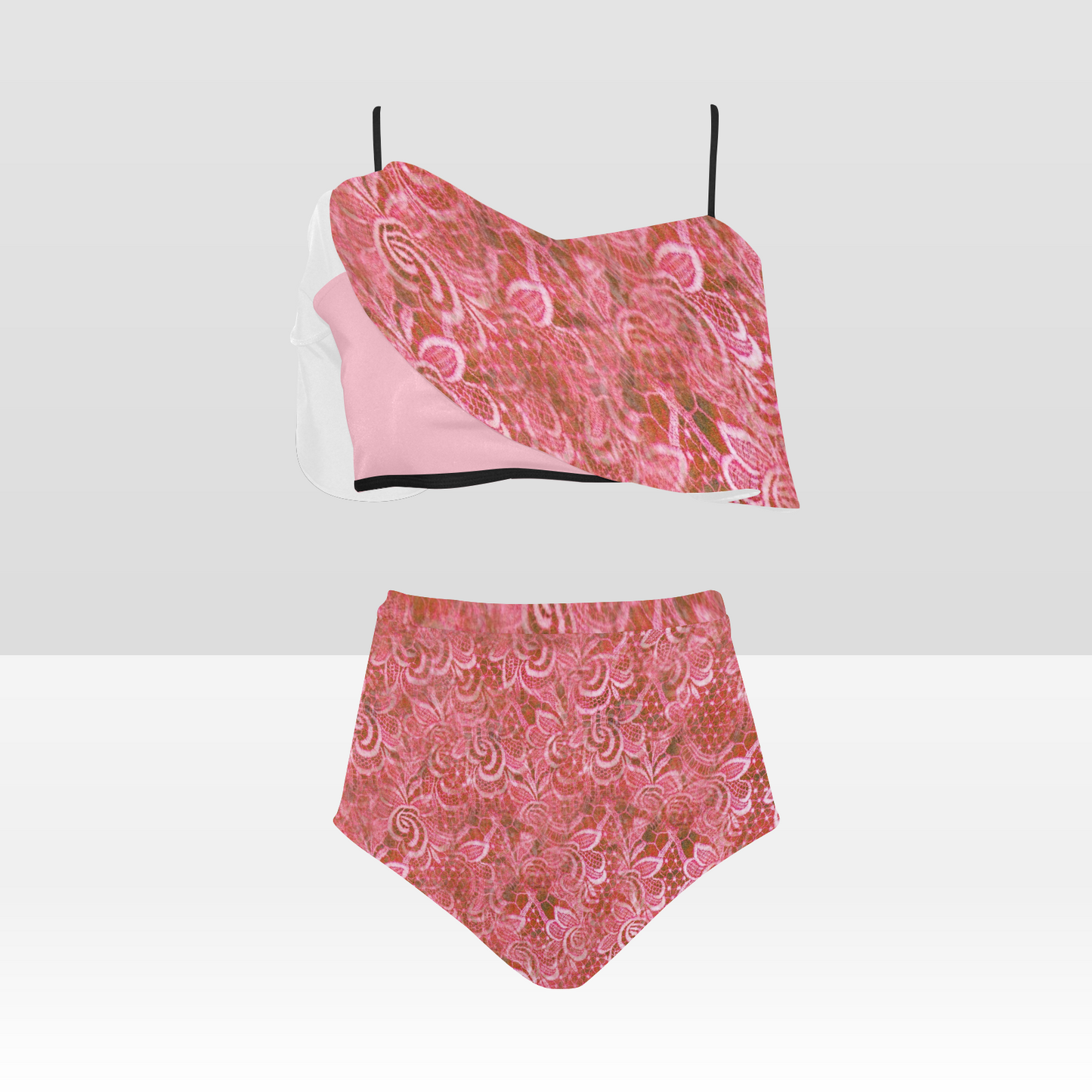 Flounce & Ruffle Bikini swimwear, Printed Victorian lace, Design 33 High Waisted Ruffle Bikini Set-A/B (Model SO3)