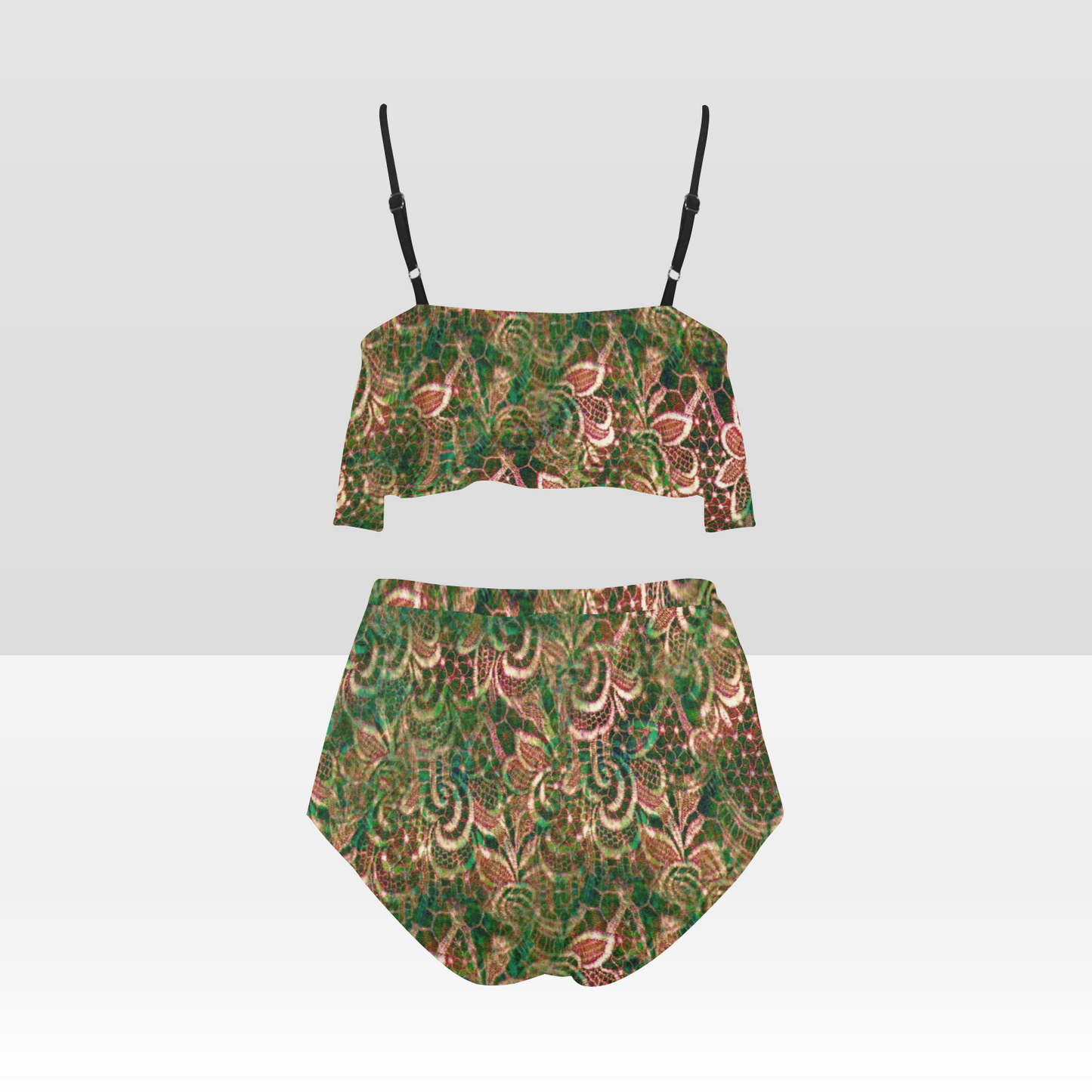 Flounce & Ruffle Bikini swimwear, Printed Victorian lace, Design 34 High Waisted Ruffle Bikini Set-A/B (Model SO3)