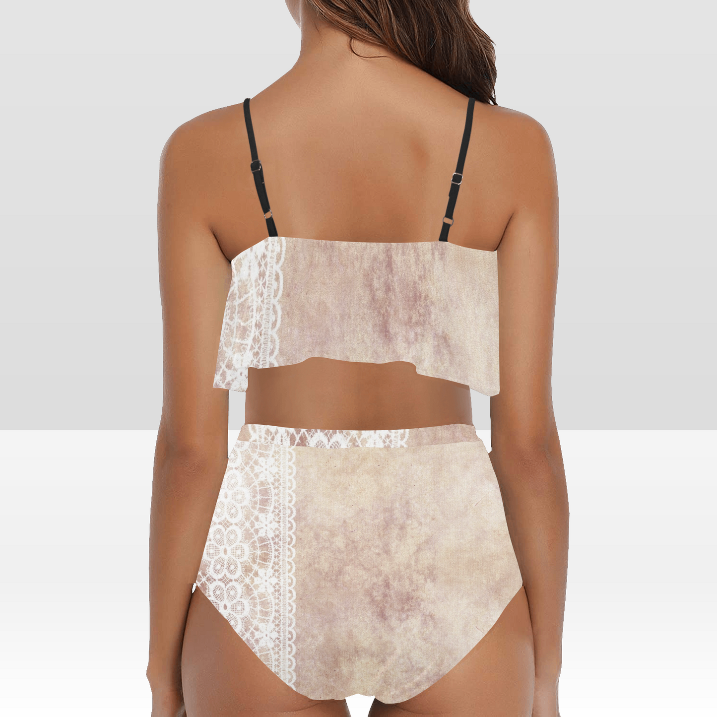 Flounce & Ruffle Bikini swimwear, Printed Victorian lace, Design 35 High Waisted Ruffle Bikini Set-A/B (Model SO3)