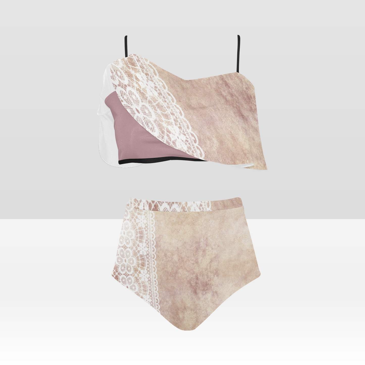 Flounce & Ruffle Bikini swimwear, Printed Victorian lace, Design 35 High Waisted Ruffle Bikini Set-A/B (Model SO3)