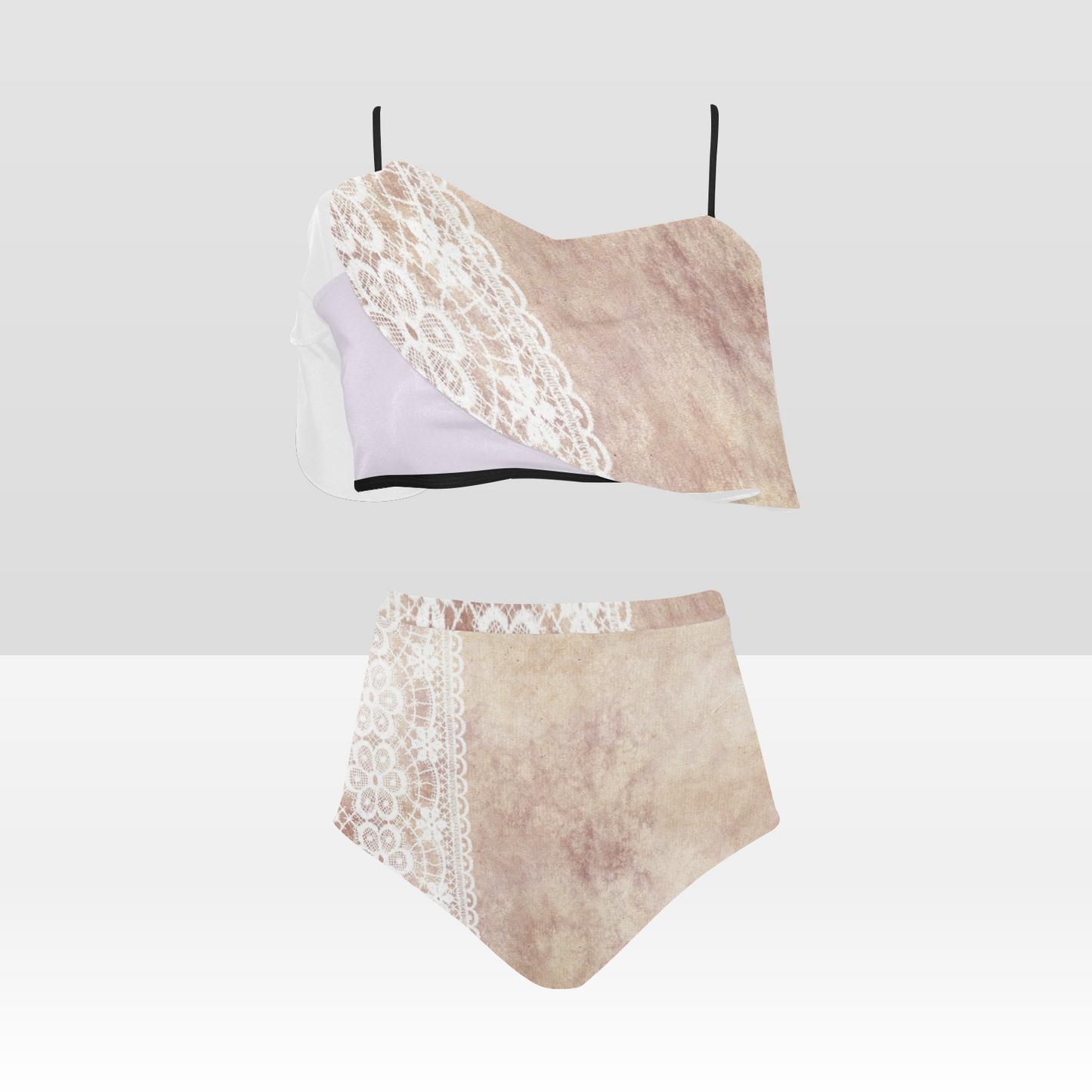 Flounce & Ruffle Bikini swimwear, Printed Victorian lace, Design 35 High Waisted Ruffle Bikini Set-A/B (Model SO3)